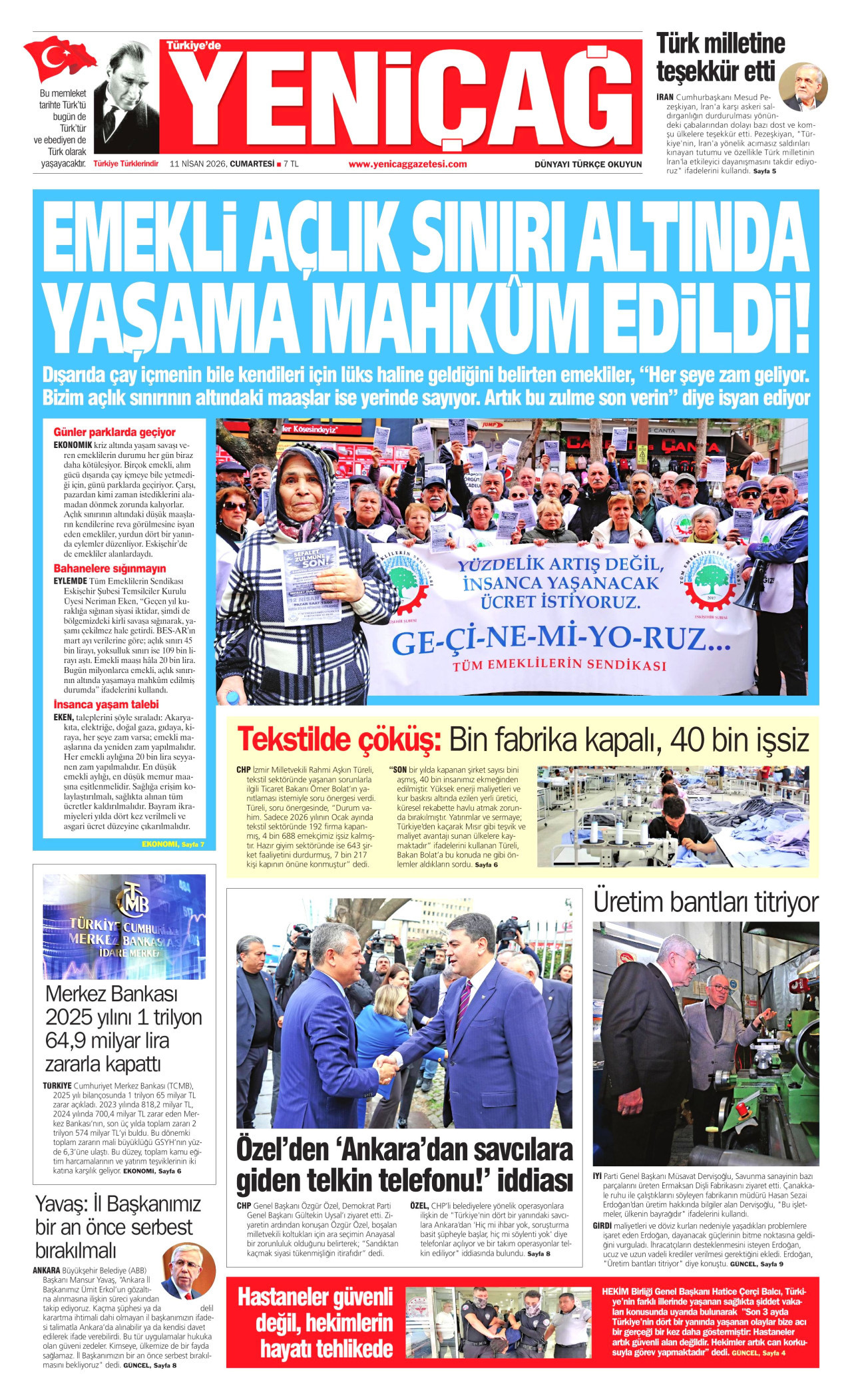 YENİÇAĞ gazetesinin 11 Nisan 2026 tarihli birinci sayfası