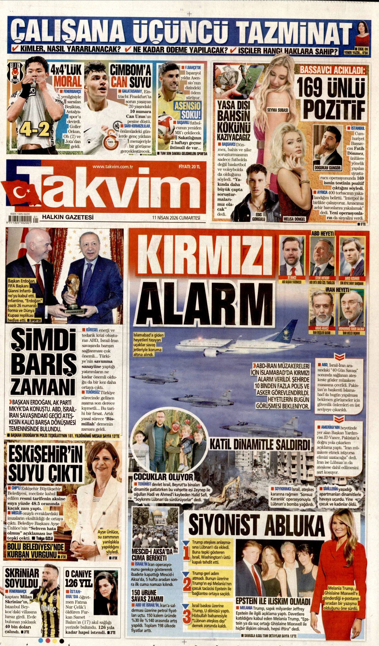TAKVİM gazetesinin 11 Nisan 2026 tarihli birinci sayfası