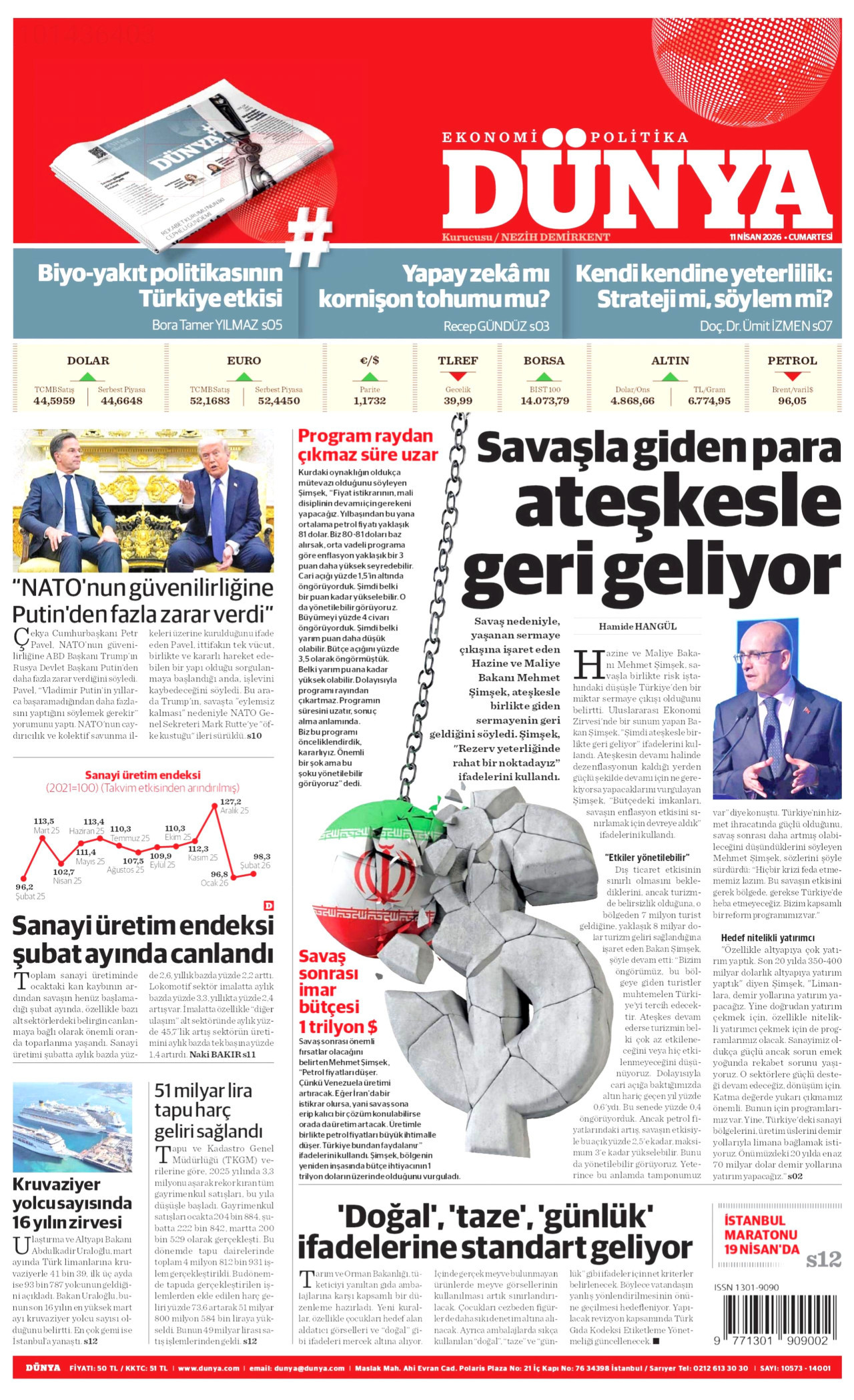 DÜNYA gazetesinin 11 Nisan 2026 tarihli birinci sayfası