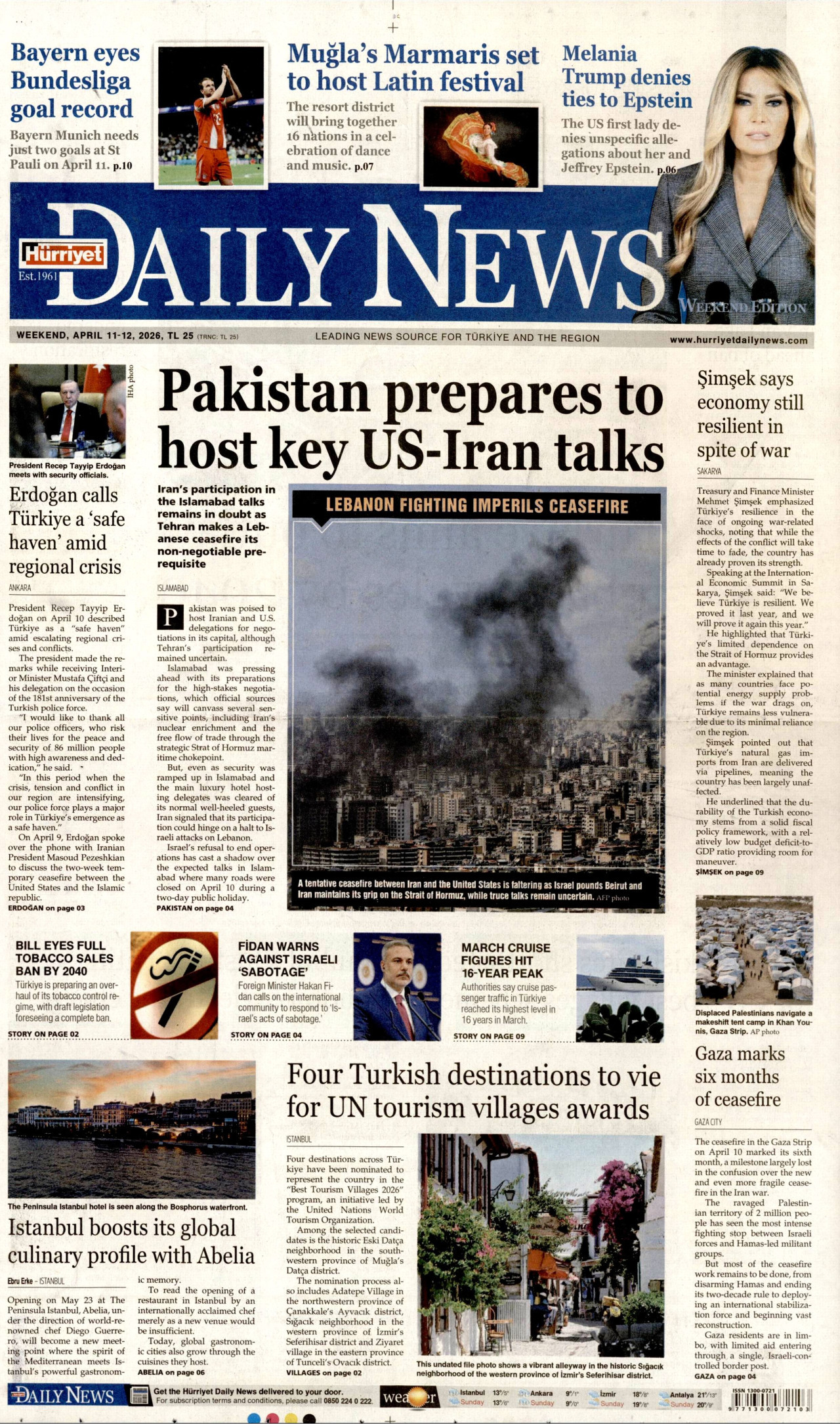 HÜRRİYET DAİLY NEWS gazetesinin 11 Nisan 2026 tarihli birinci sayfası