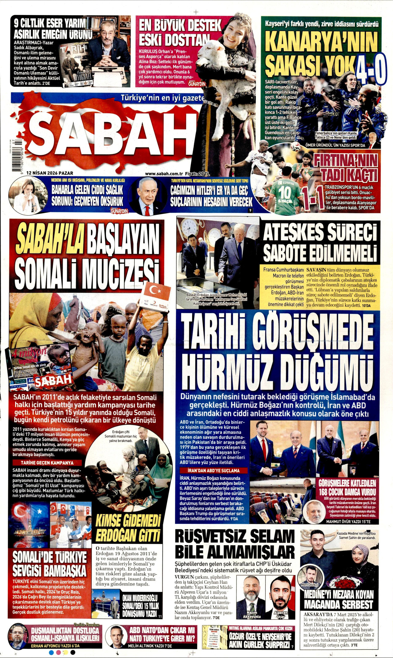 SABAH gazetesinin 12 Nisan 2026 tarihli birinci sayfası