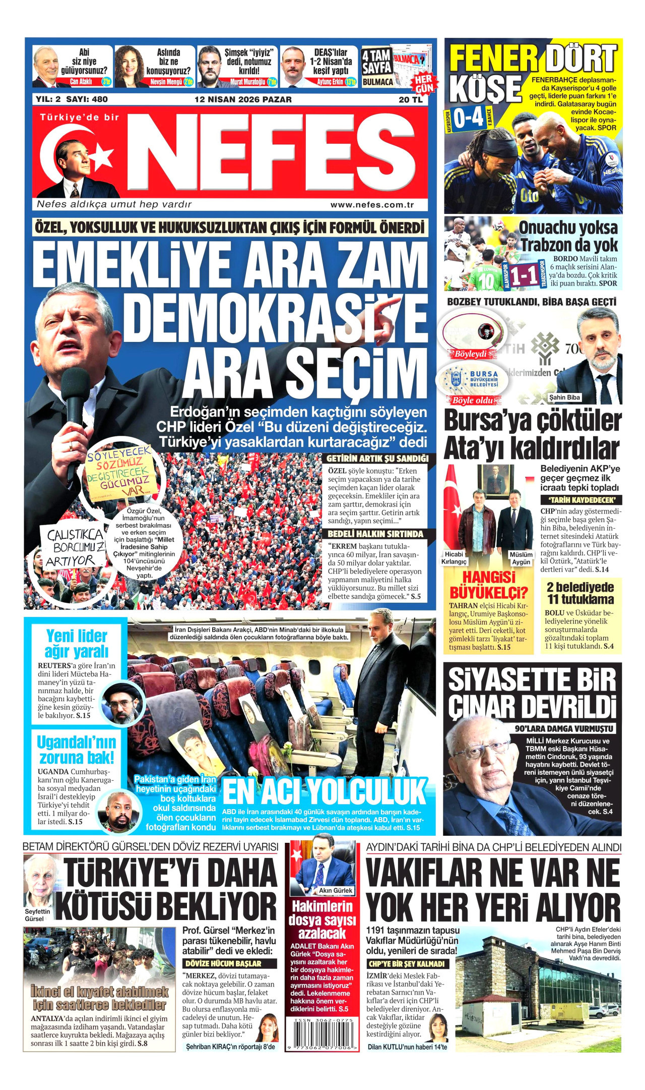 NEFES gazetesinin 12 Nisan 2026 tarihli birinci sayfası