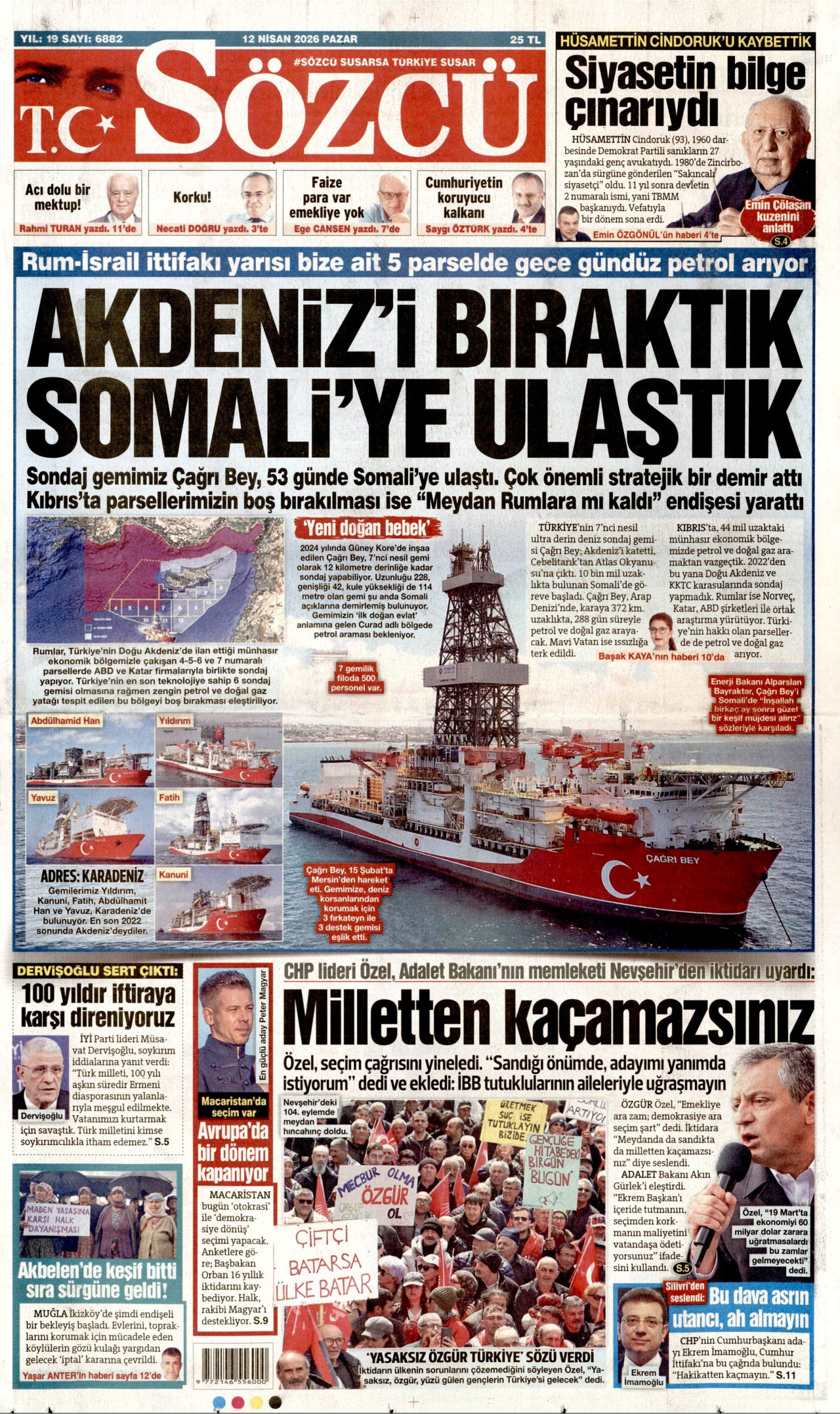 SÖZCÜ gazetesinin 12 Nisan 2026 tarihli birinci sayfası