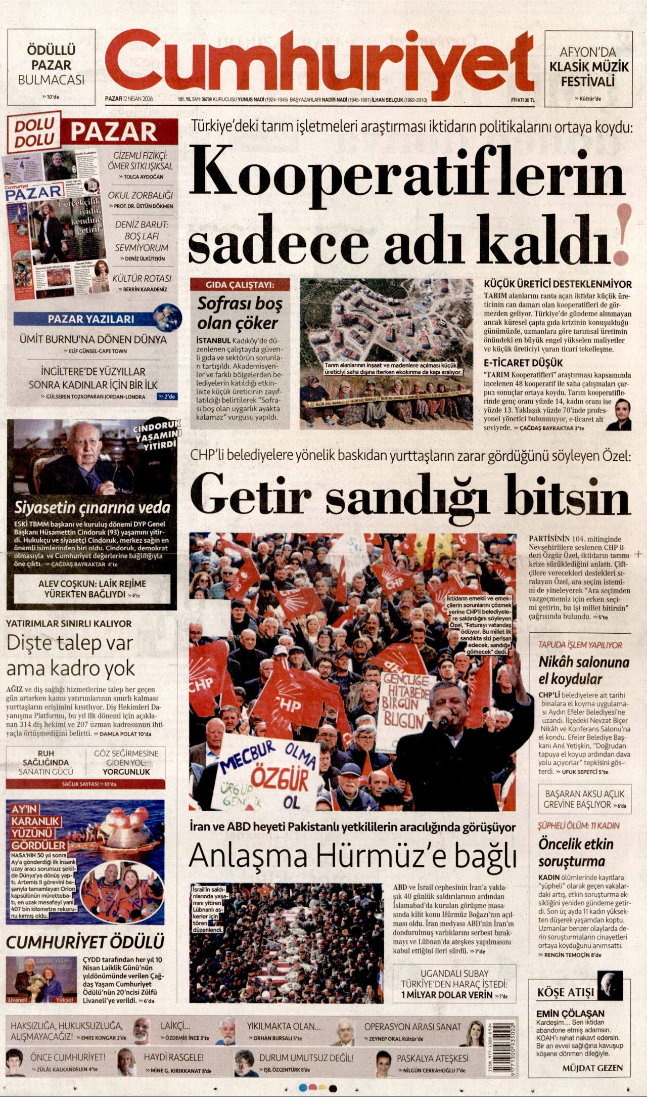 CUMHURİYET gazetesinin 12 Nisan 2026 tarihli birinci sayfası