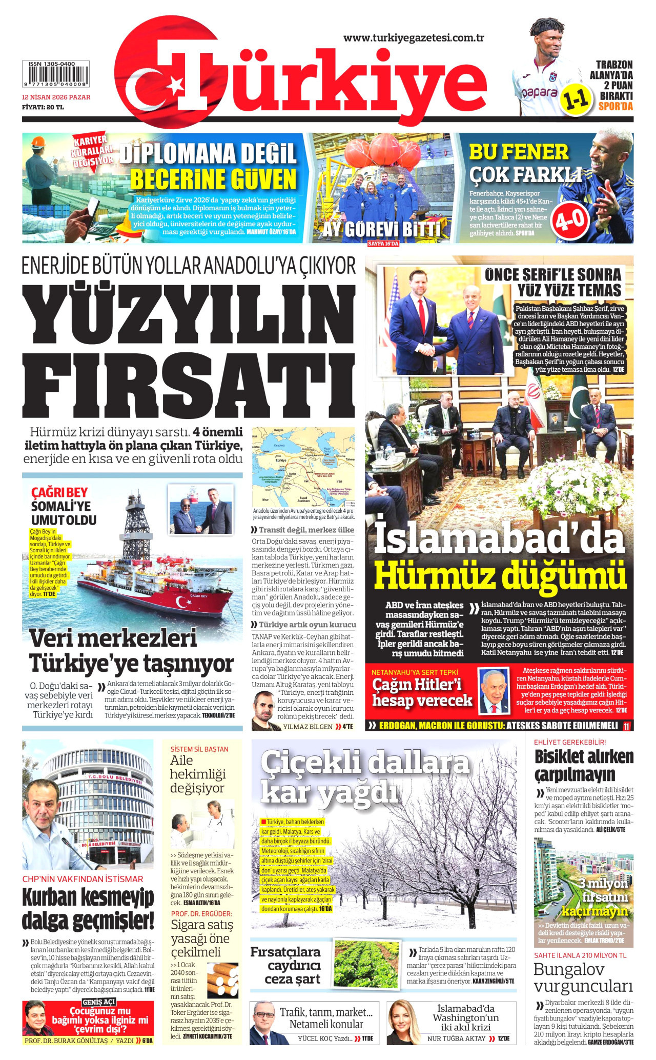 TÜRKİYE GAZETESİ gazetesinin 12 Nisan 2026 tarihli birinci sayfası