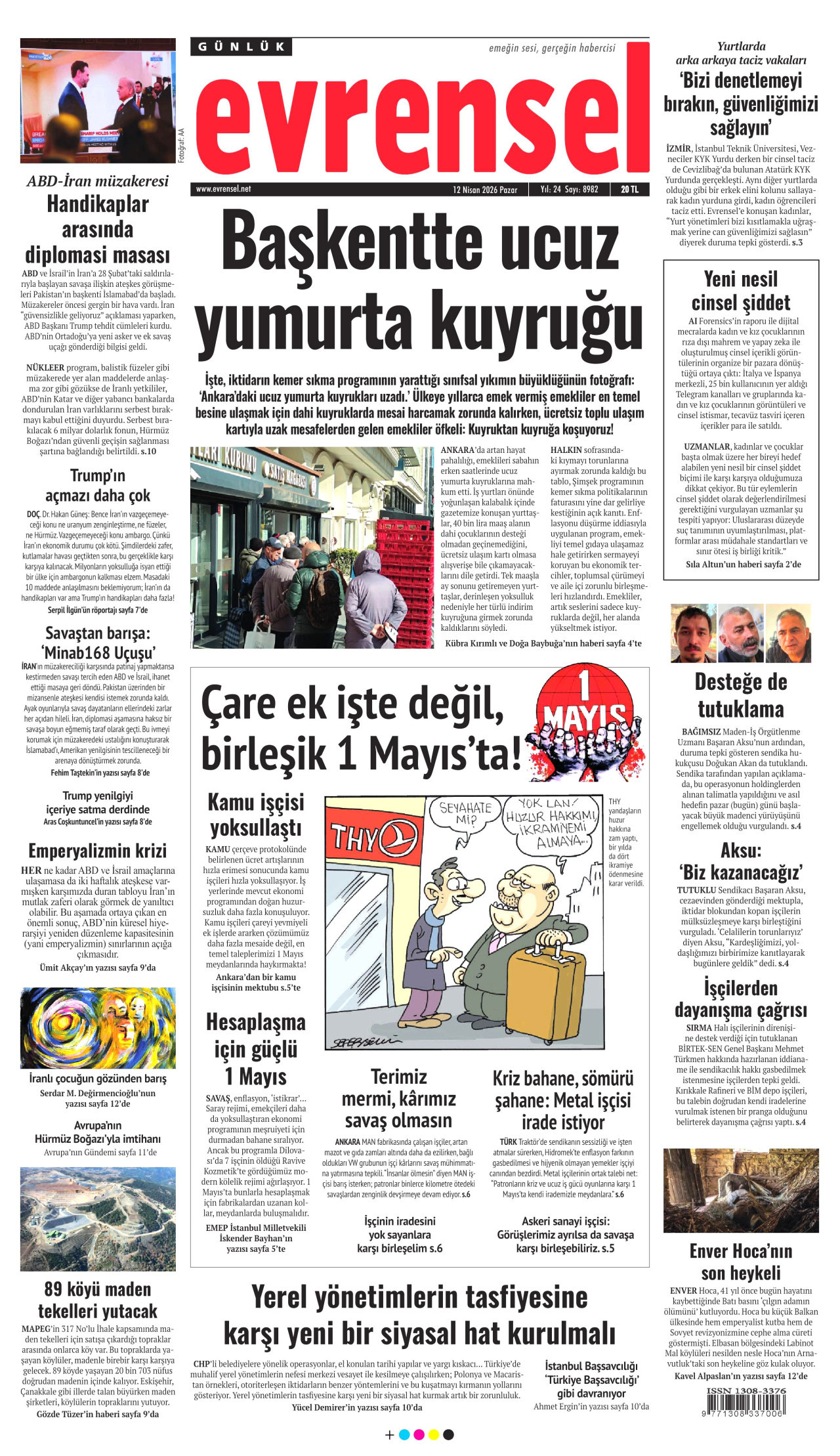 EVRENSEL gazetesinin 12 Nisan 2026 tarihli birinci sayfası