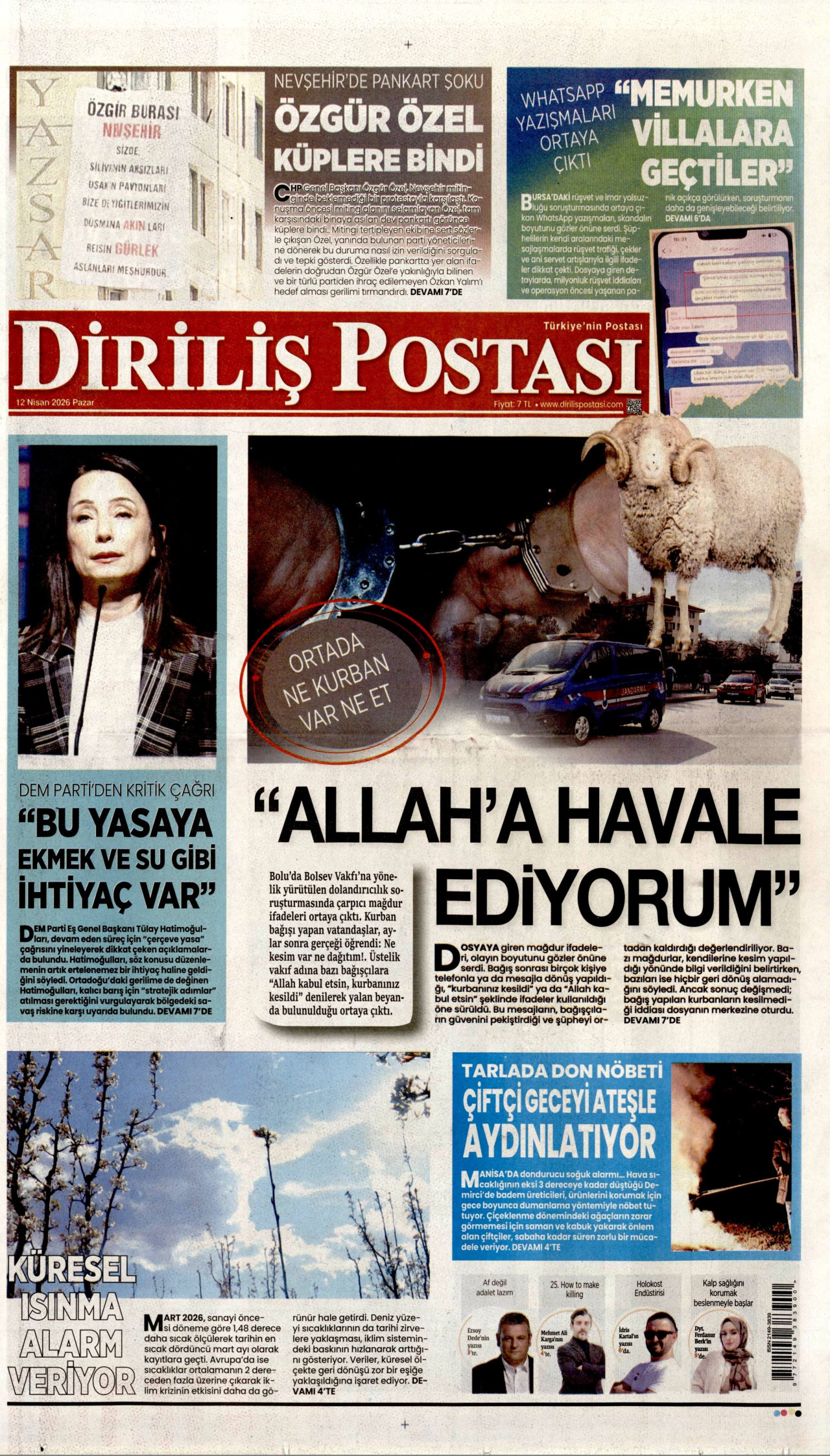 DİRİLİŞ POSTASI gazetesinin 12 Nisan 2026 tarihli birinci sayfası