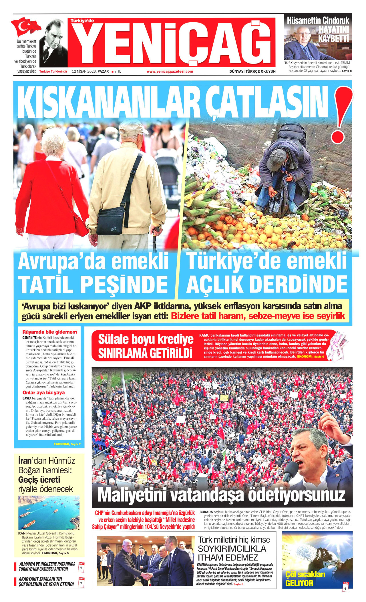 YENİÇAĞ gazetesinin 12 Nisan 2026 tarihli birinci sayfası