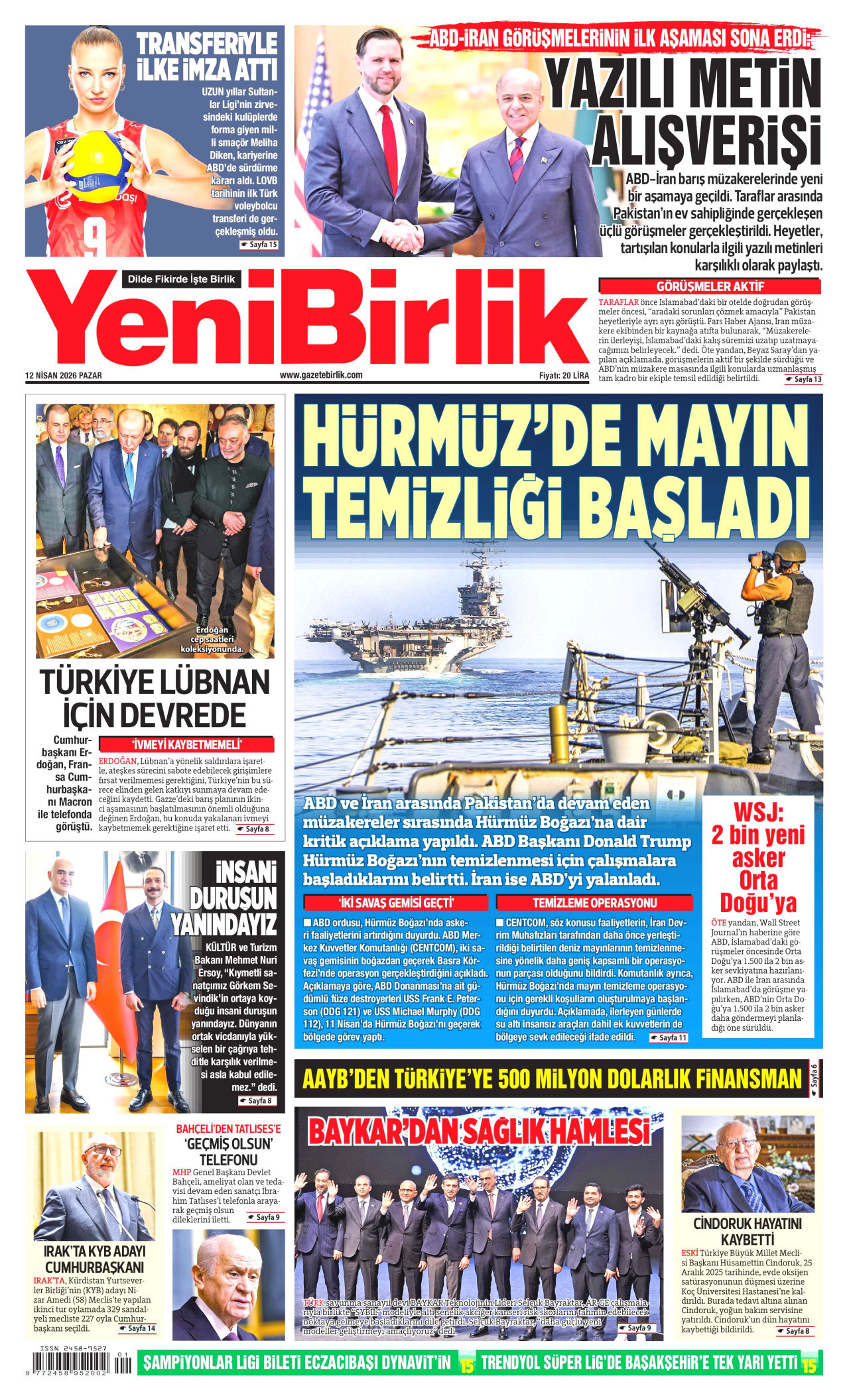 YENİBİRLİK gazetesinin 12 Nisan 2026 tarihli birinci sayfası