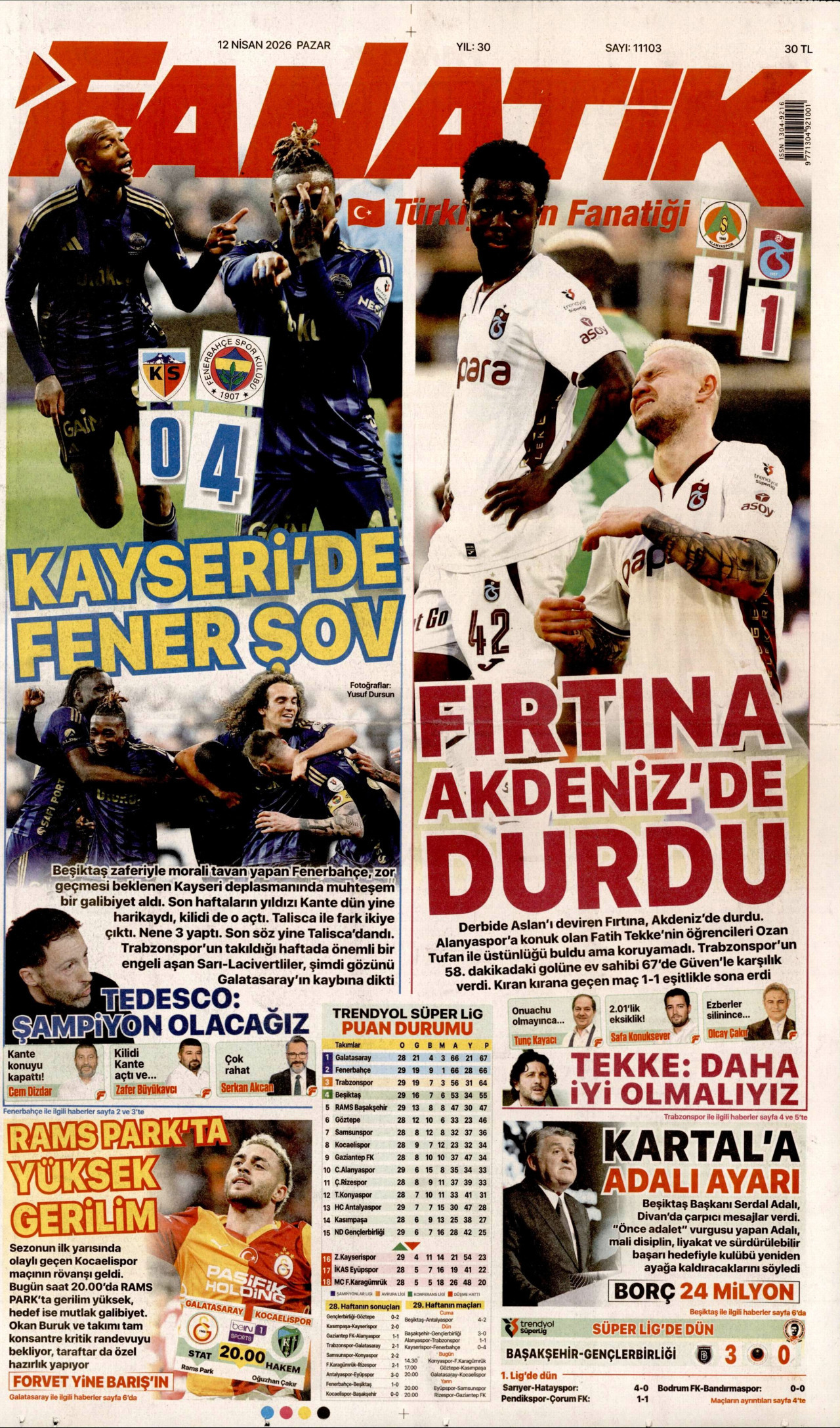 FANATİK gazetesinin 12 Nisan 2026 tarihli birinci sayfası