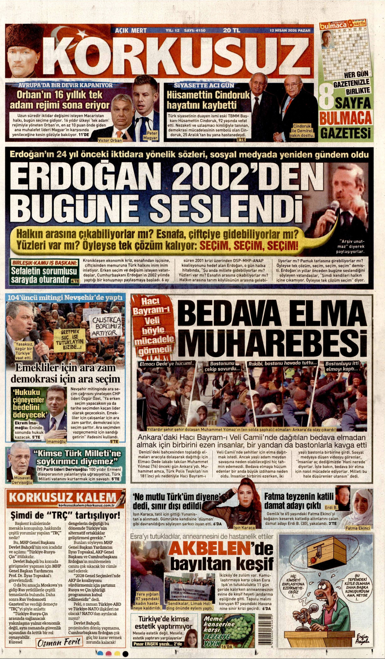 KORKUSUZ gazetesinin 12 Nisan 2026 tarihli birinci sayfası