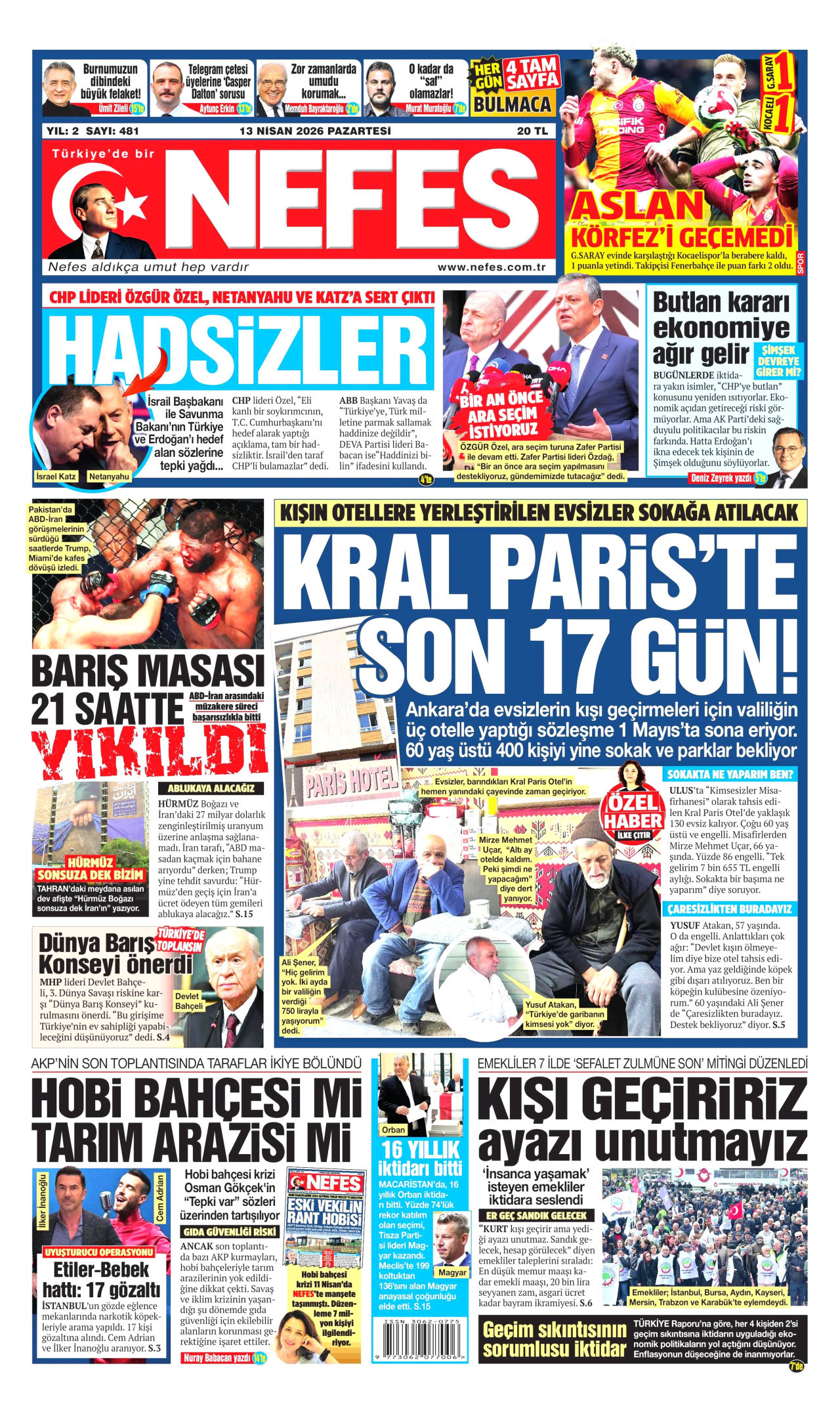 NEFES gazetesinin 13 Nisan 2026 tarihli birinci sayfası