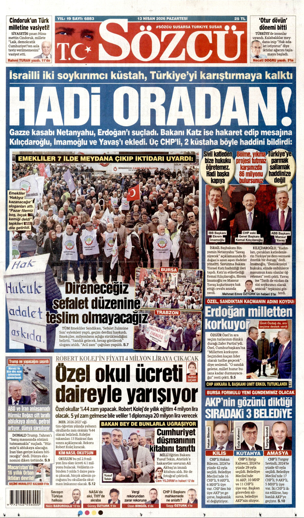 SÖZCÜ gazetesinin 13 Nisan 2026 tarihli birinci sayfası