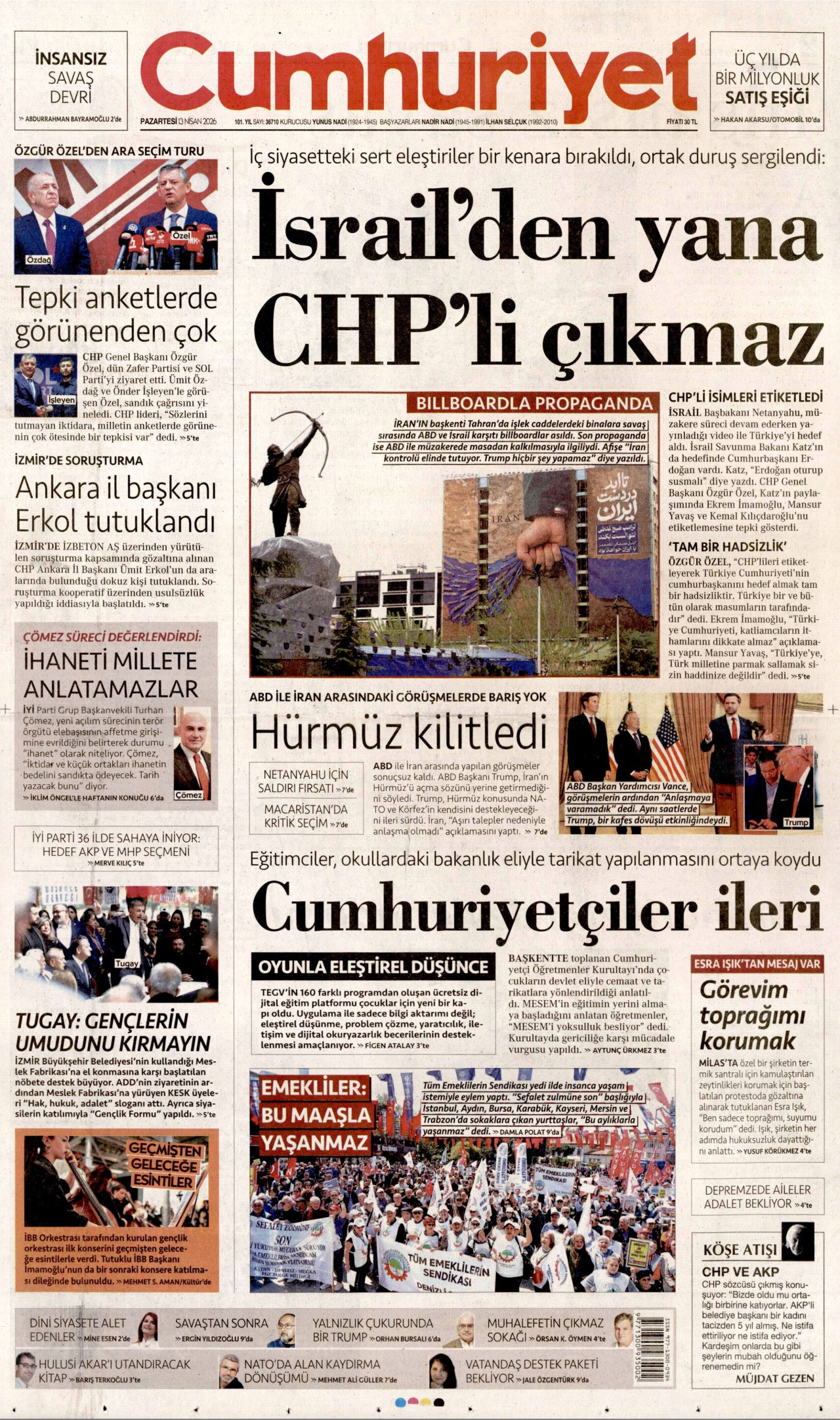 CUMHURİYET gazetesinin 13 Nisan 2026 tarihli birinci sayfası