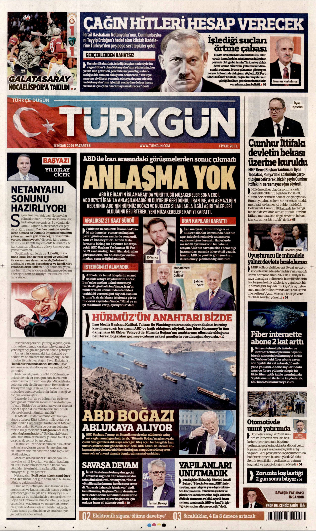 TÜRKGÜN gazetesinin 13 Nisan 2026 tarihli birinci sayfası