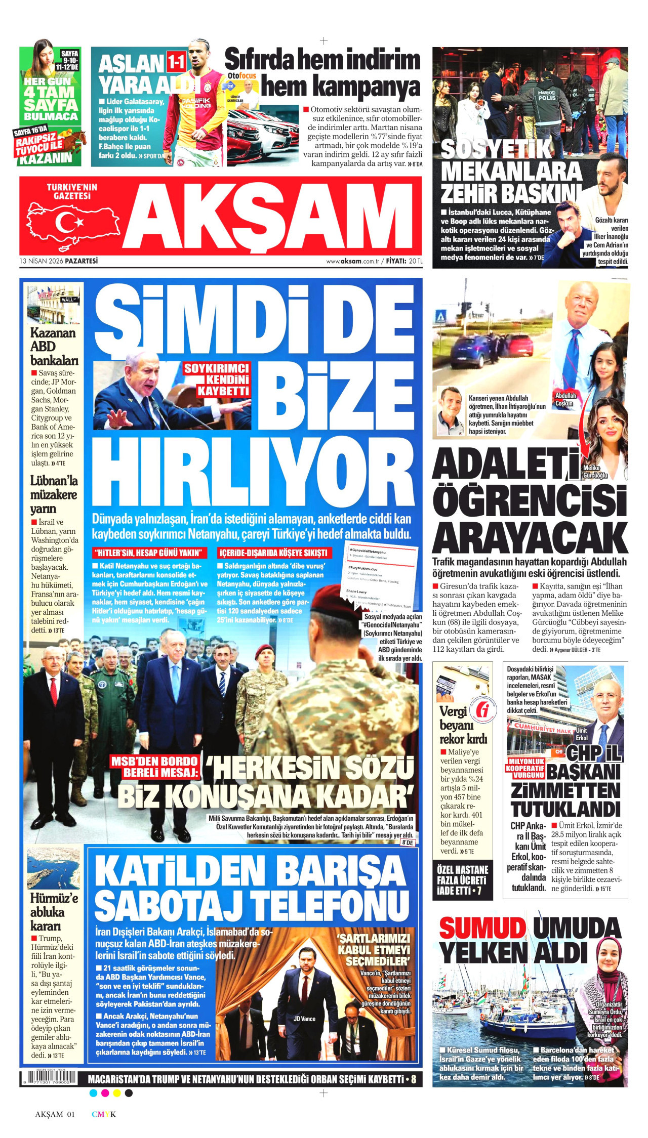 AKŞAM gazetesinin 13 Nisan 2026 tarihli birinci sayfası