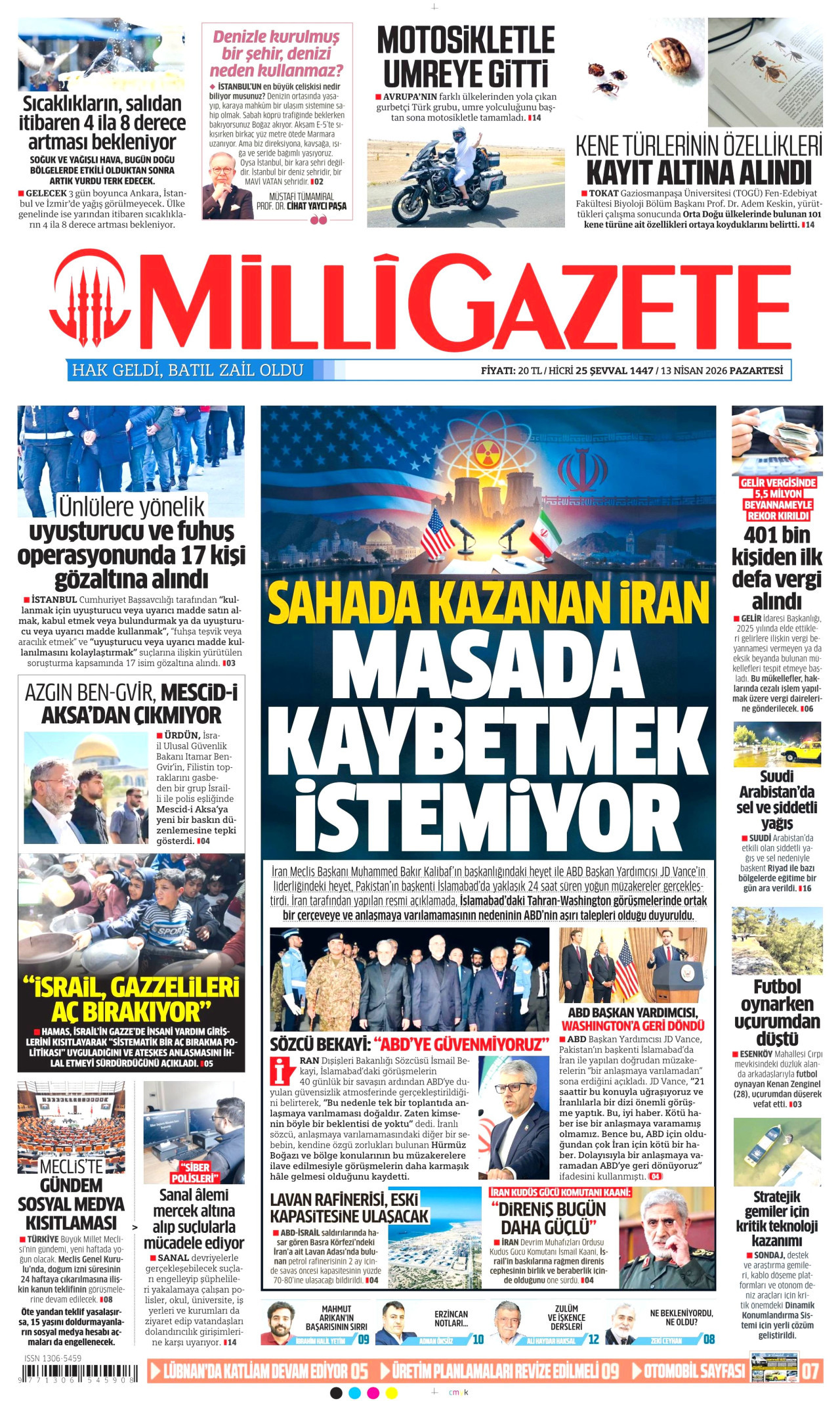 MİLLİ GAZETE gazetesinin 13 Nisan 2026 tarihli birinci sayfası