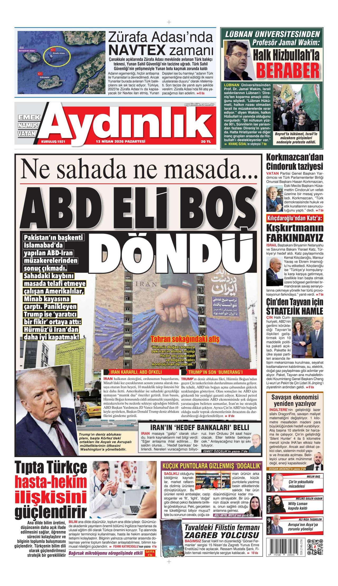 AYDINLIK GAZETESİ gazetesinin 13 Nisan 2026 tarihli birinci sayfası