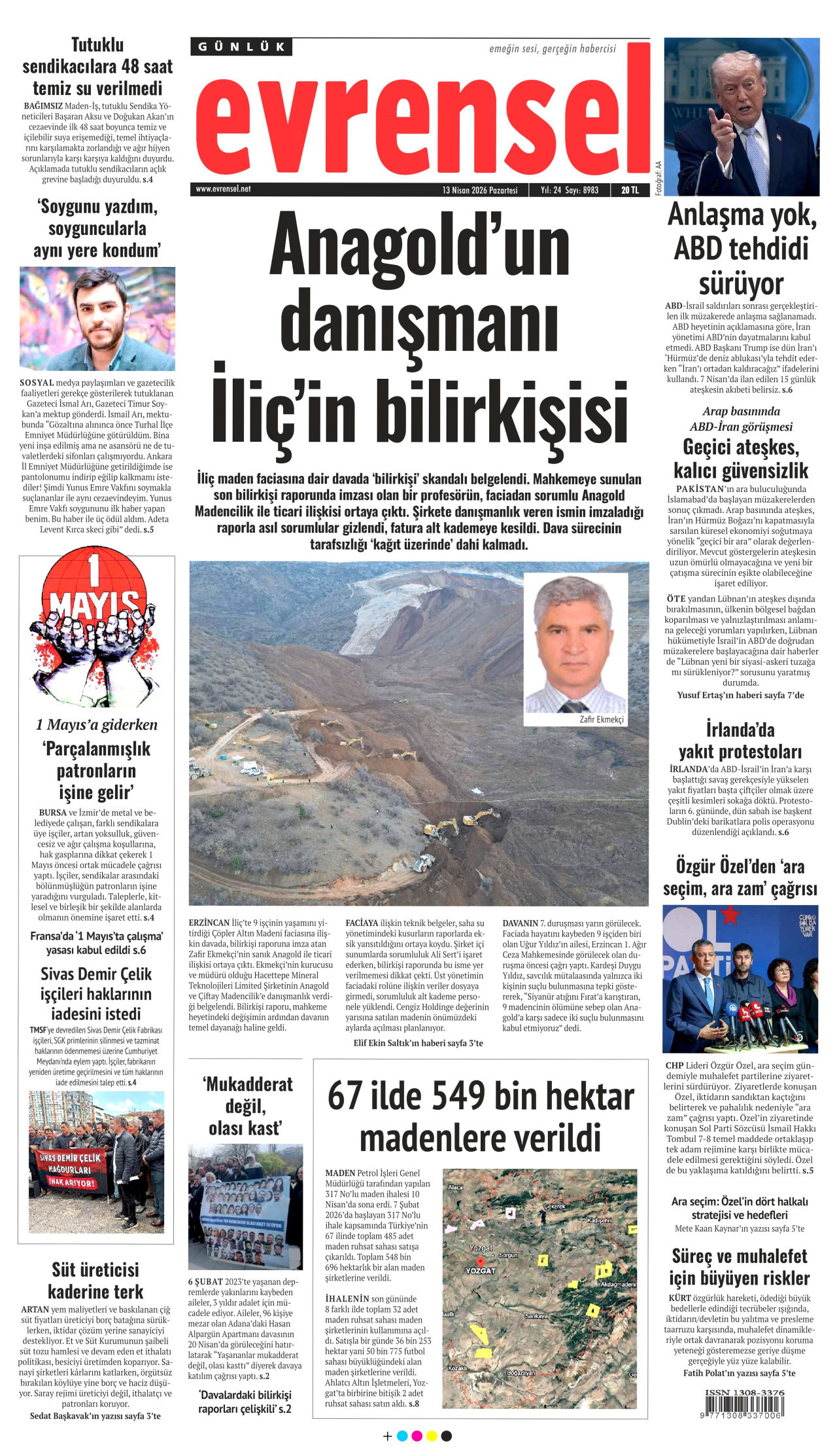 EVRENSEL gazetesinin 13 Nisan 2026 tarihli birinci sayfası