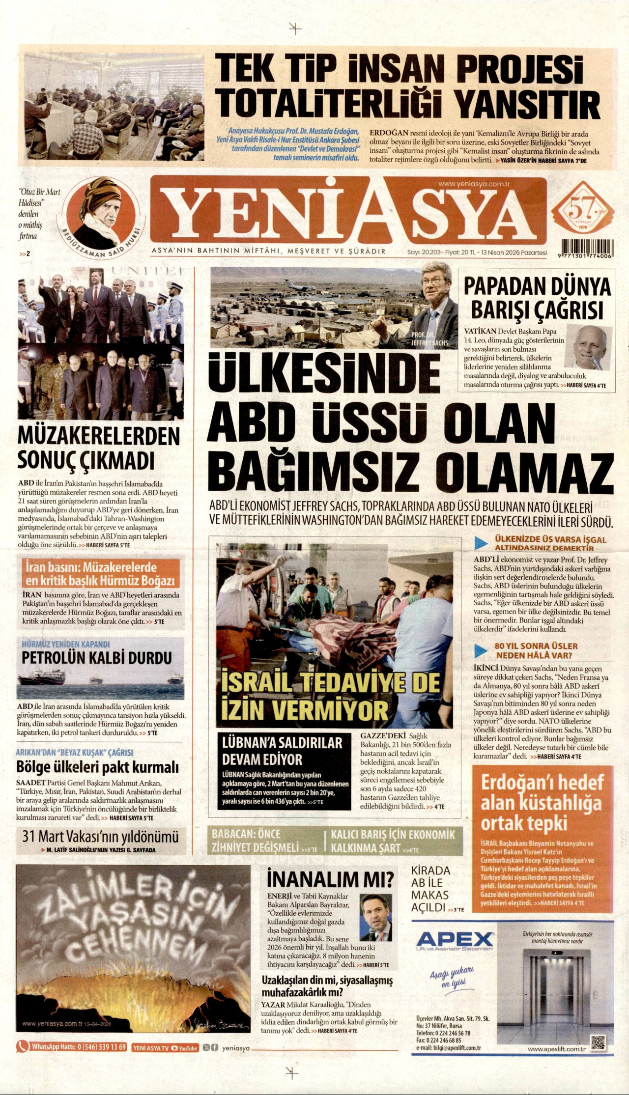 YENİ ASYA gazetesinin 13 Nisan 2026 tarihli birinci sayfası