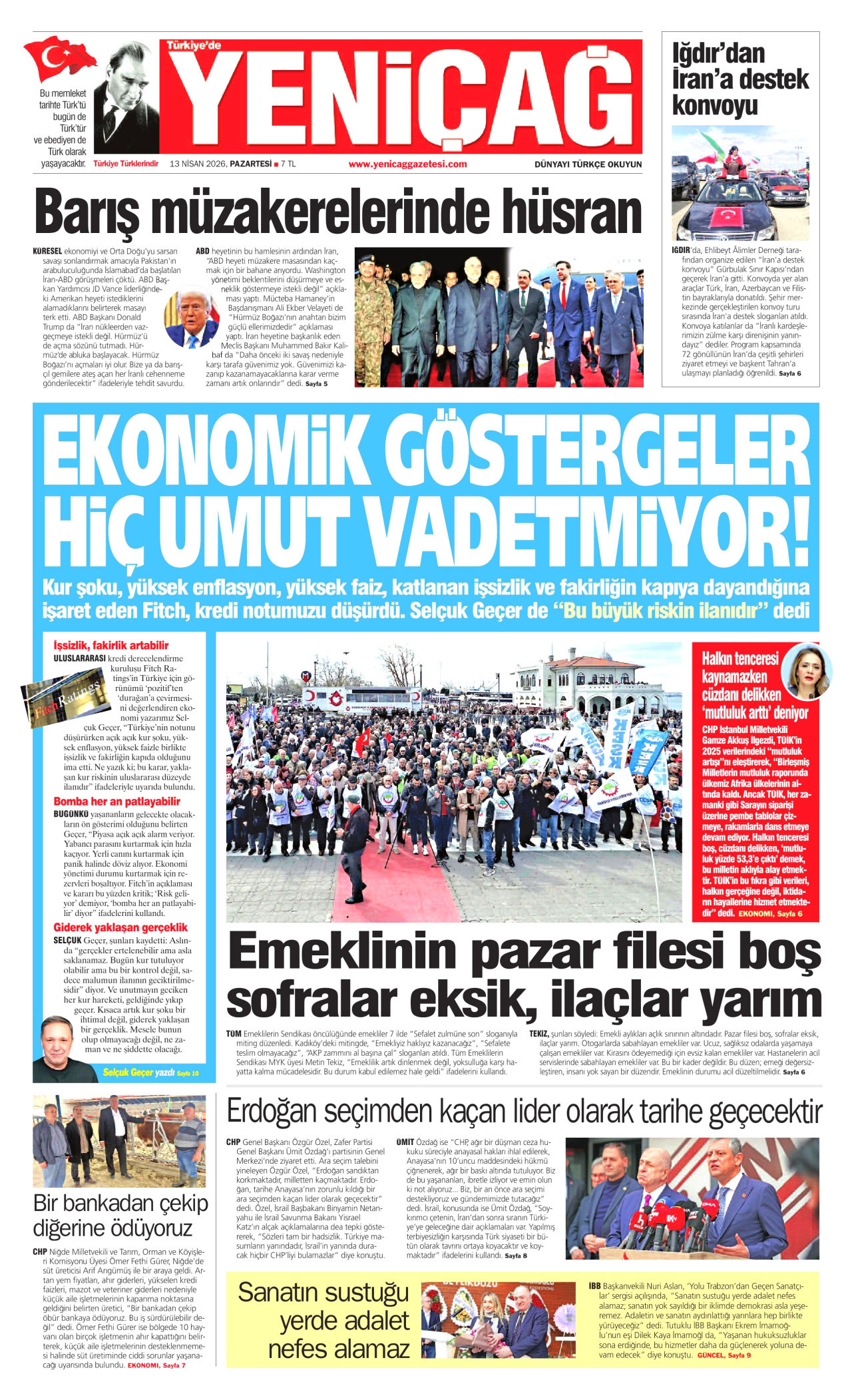 YENİÇAĞ gazetesinin 13 Nisan 2026 tarihli birinci sayfası