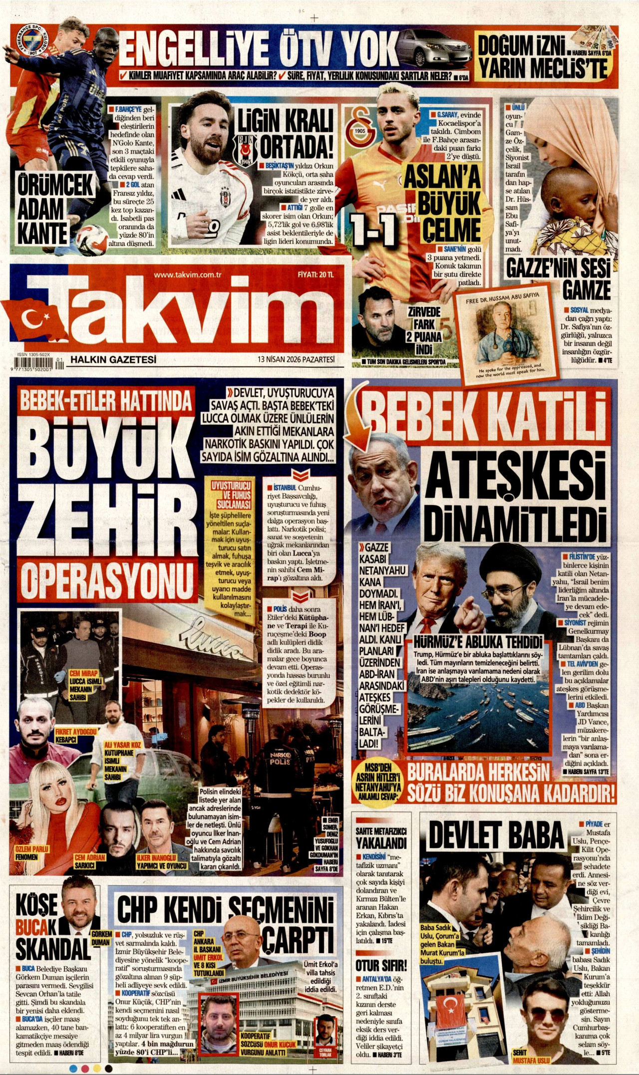 TAKVİM gazetesinin 13 Nisan 2026 tarihli birinci sayfası