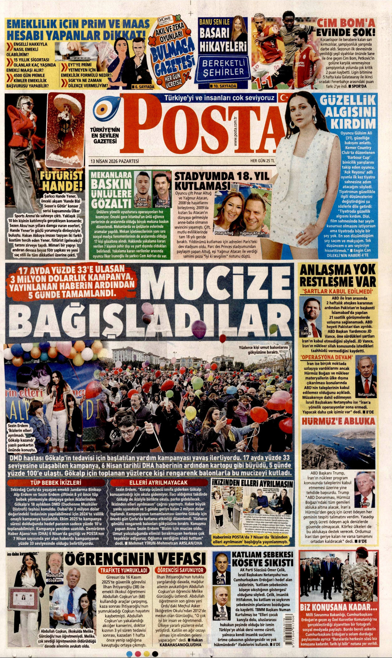 POSTA gazetesinin 13 Nisan 2026 tarihli birinci sayfası