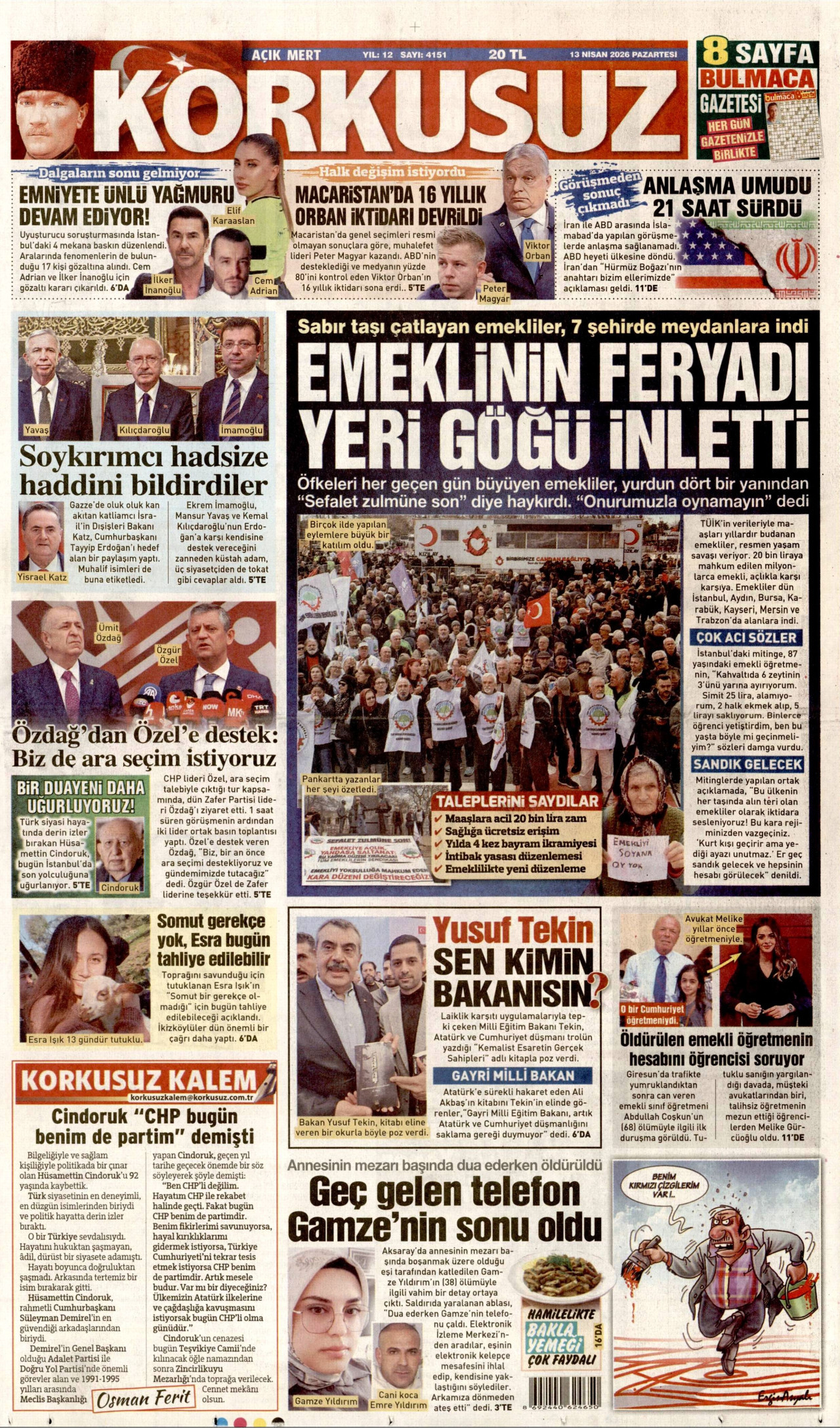KORKUSUZ gazetesinin 13 Nisan 2026 tarihli birinci sayfası