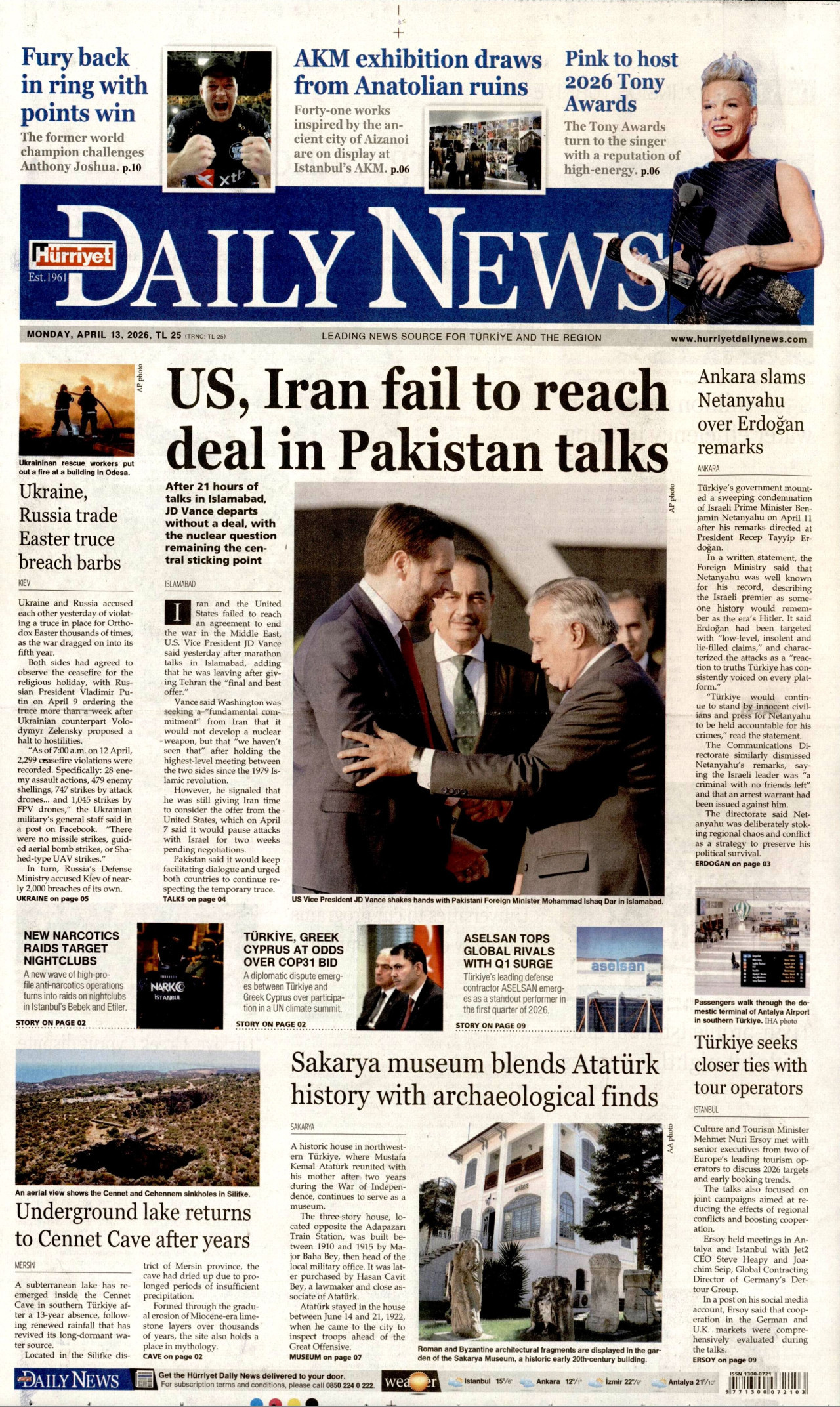 HÜRRİYET DAİLY NEWS gazetesinin 13 Nisan 2026 tarihli birinci sayfası