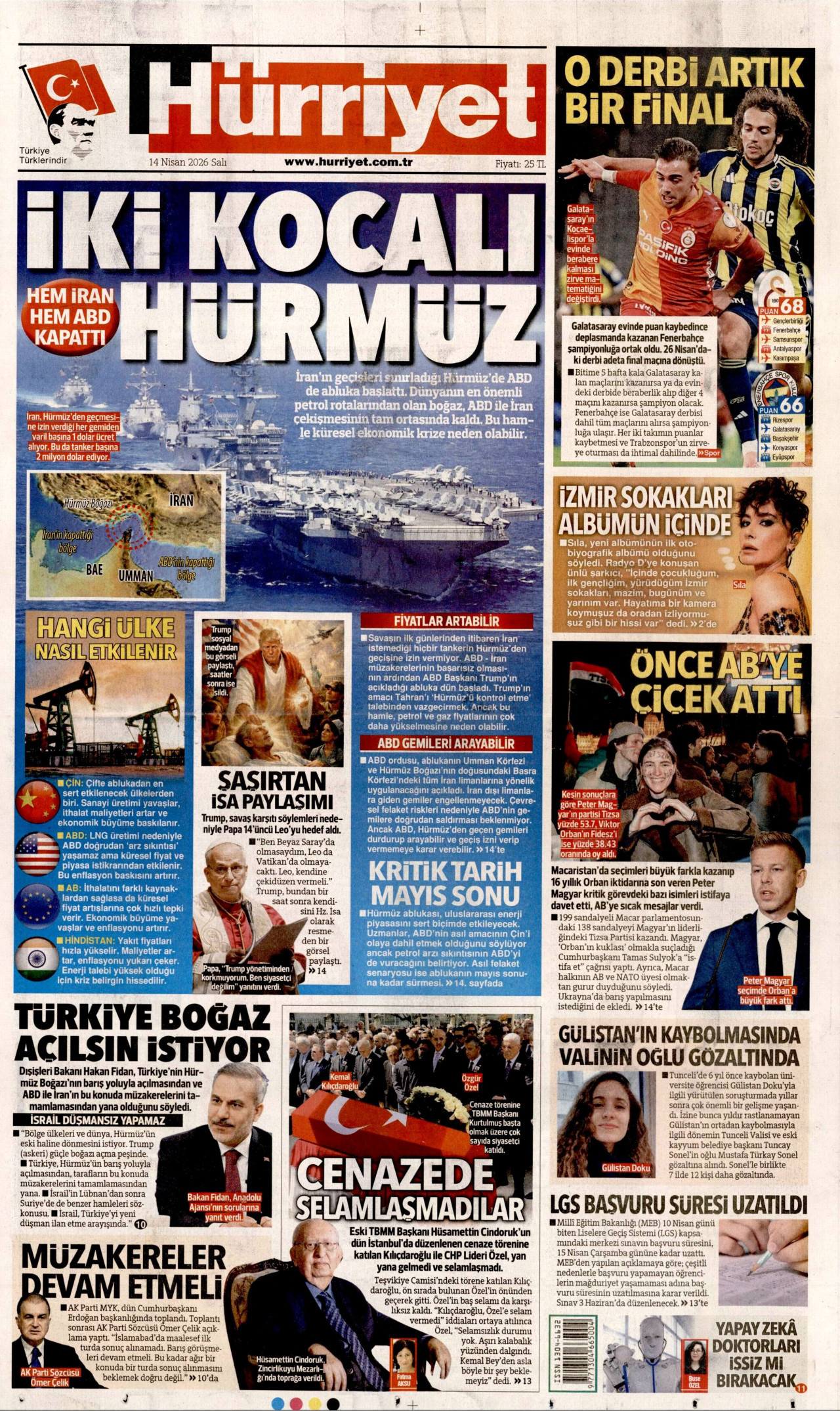 HÜRRİYET gazetesinin 14 Nisan 2026 tarihli birinci sayfası