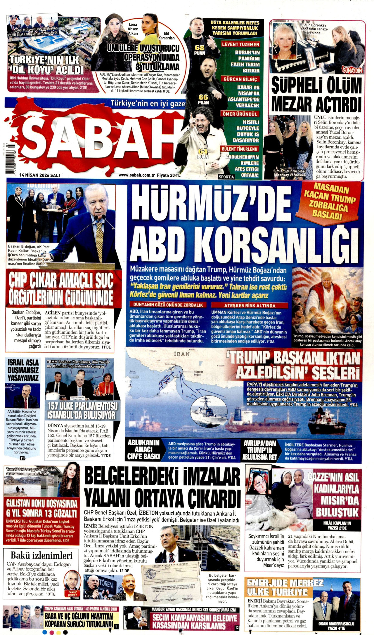 SABAH gazetesinin 14 Nisan 2026 tarihli birinci sayfası