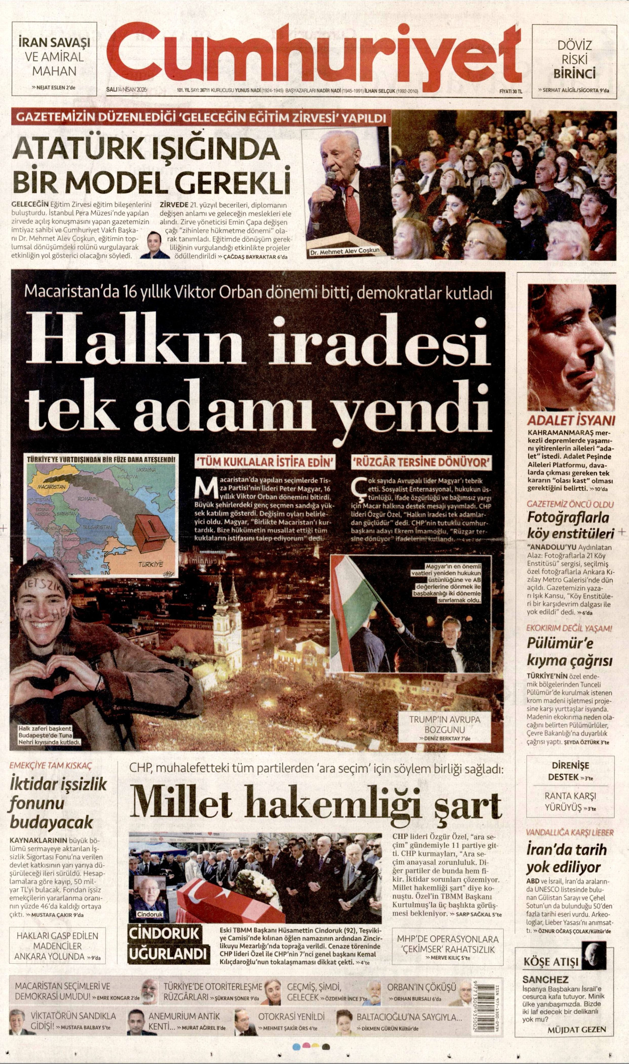 CUMHURİYET gazetesinin 14 Nisan 2026 tarihli birinci sayfası
