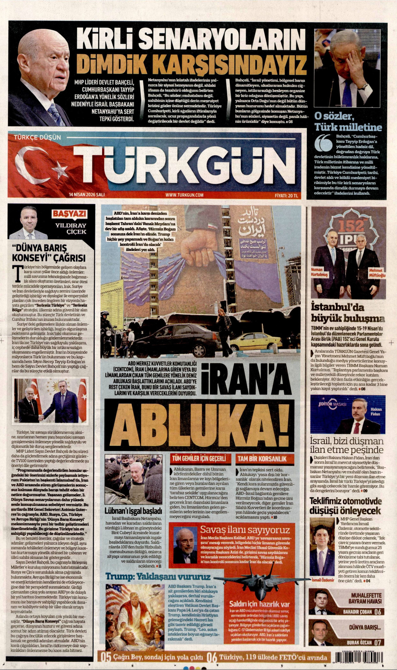 TÜRKGÜN gazetesinin 14 Nisan 2026 tarihli birinci sayfası