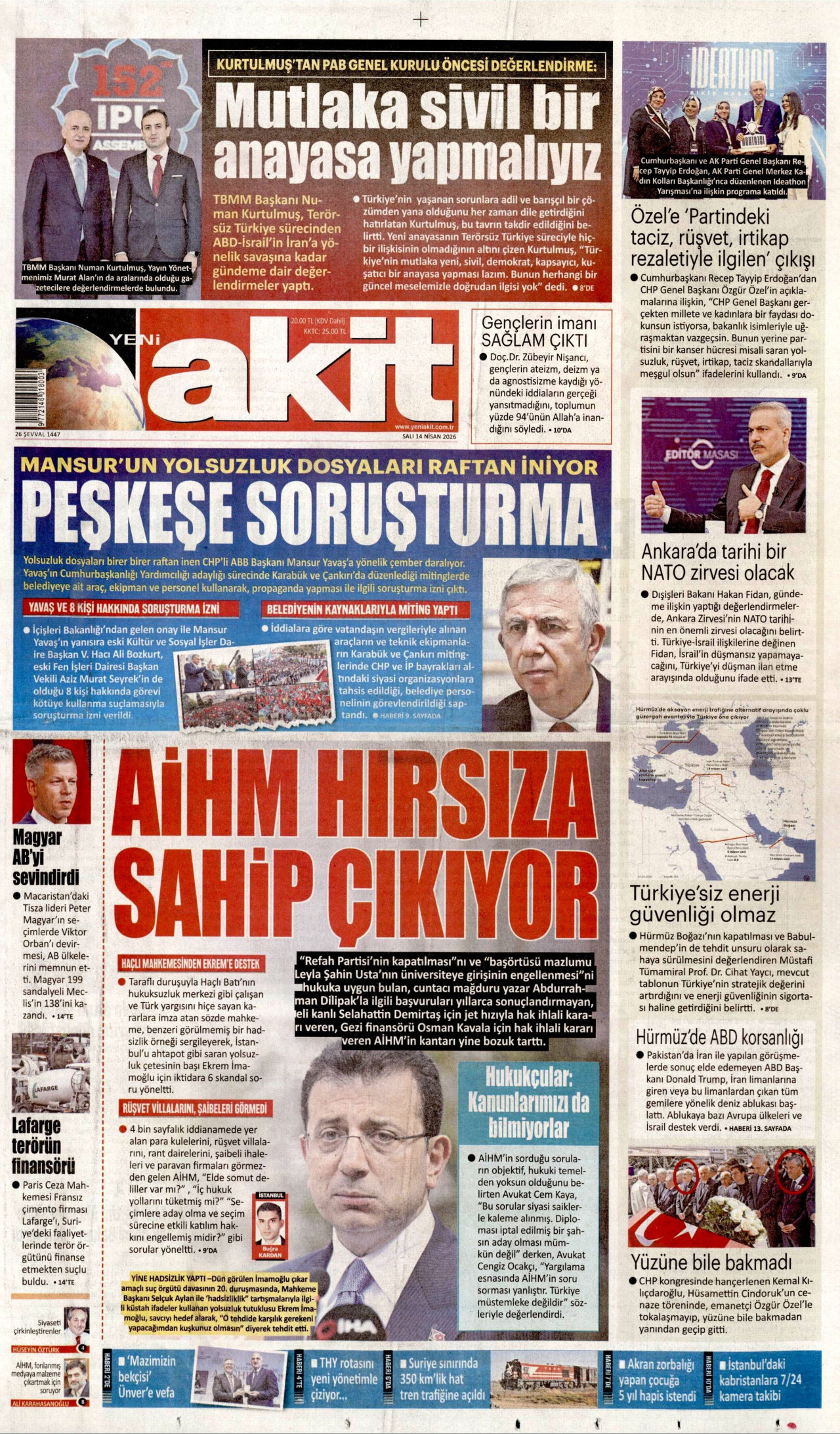 YENİ AKİT gazetesinin 14 Nisan 2026 tarihli birinci sayfası