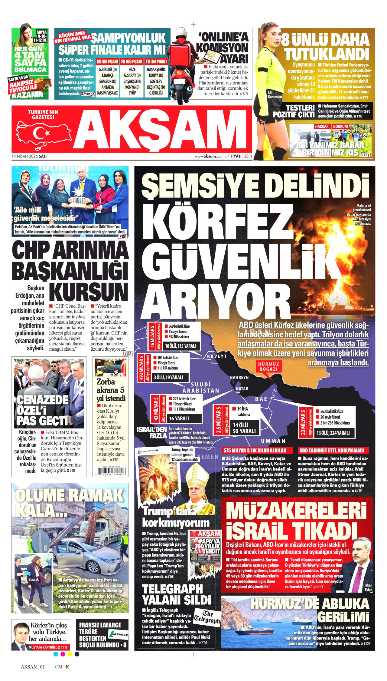 AKŞAM gazetesinin 14 Nisan 2026 tarihli birinci sayfası