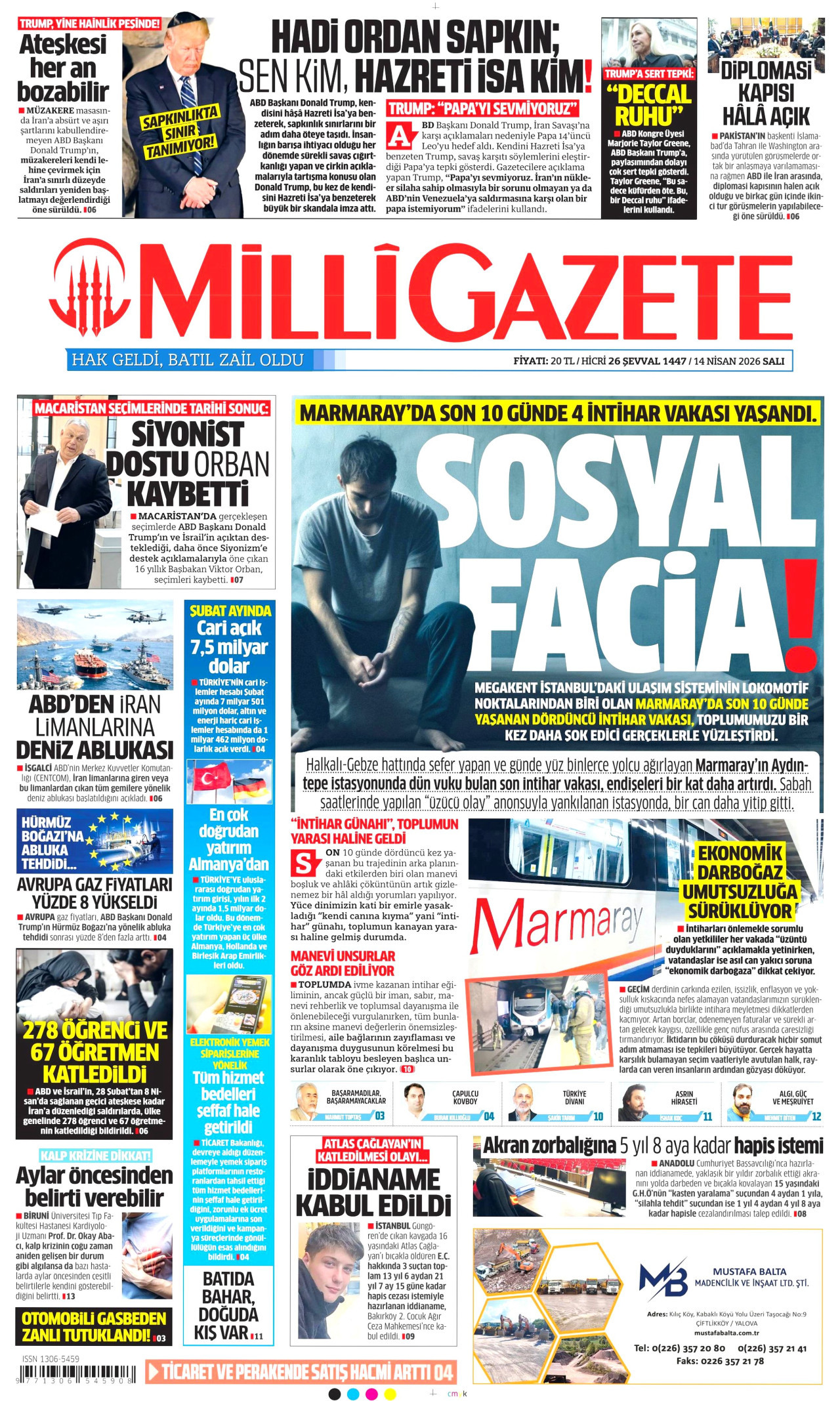 MİLLİ GAZETE gazetesinin 14 Nisan 2026 tarihli birinci sayfası