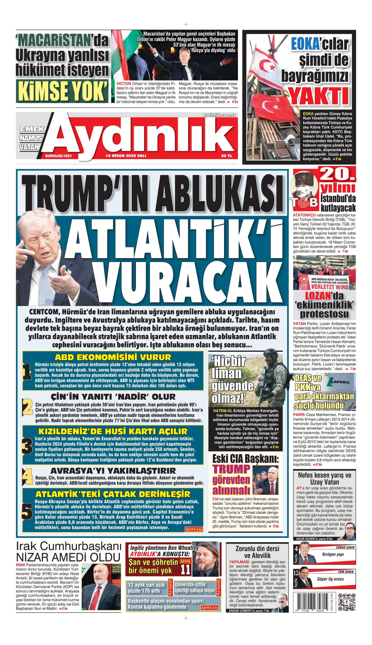 AYDINLIK GAZETESİ gazetesinin 14 Nisan 2026 tarihli birinci sayfası
