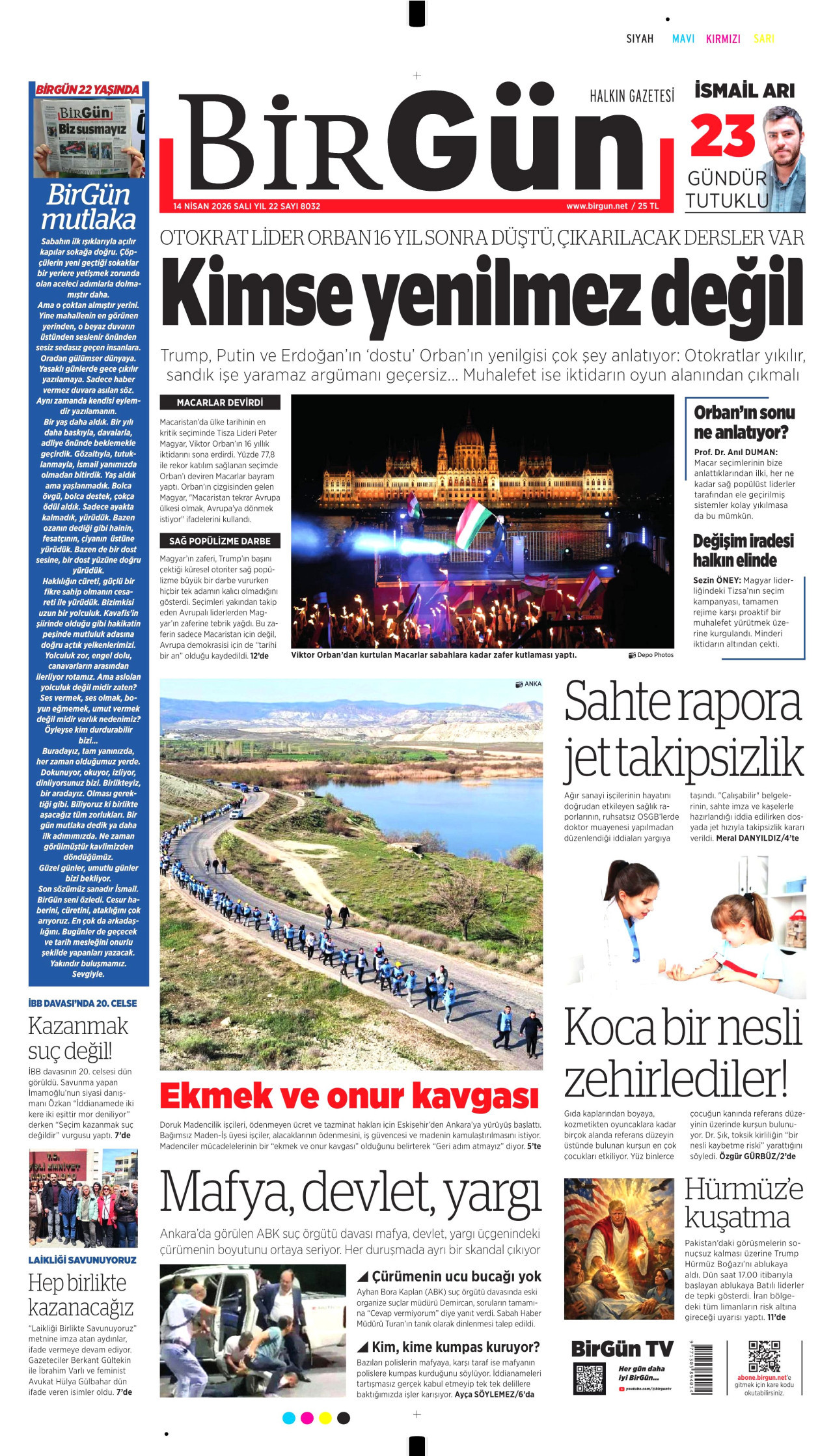 BİRGÜN gazetesinin 14 Nisan 2026 tarihli birinci sayfası