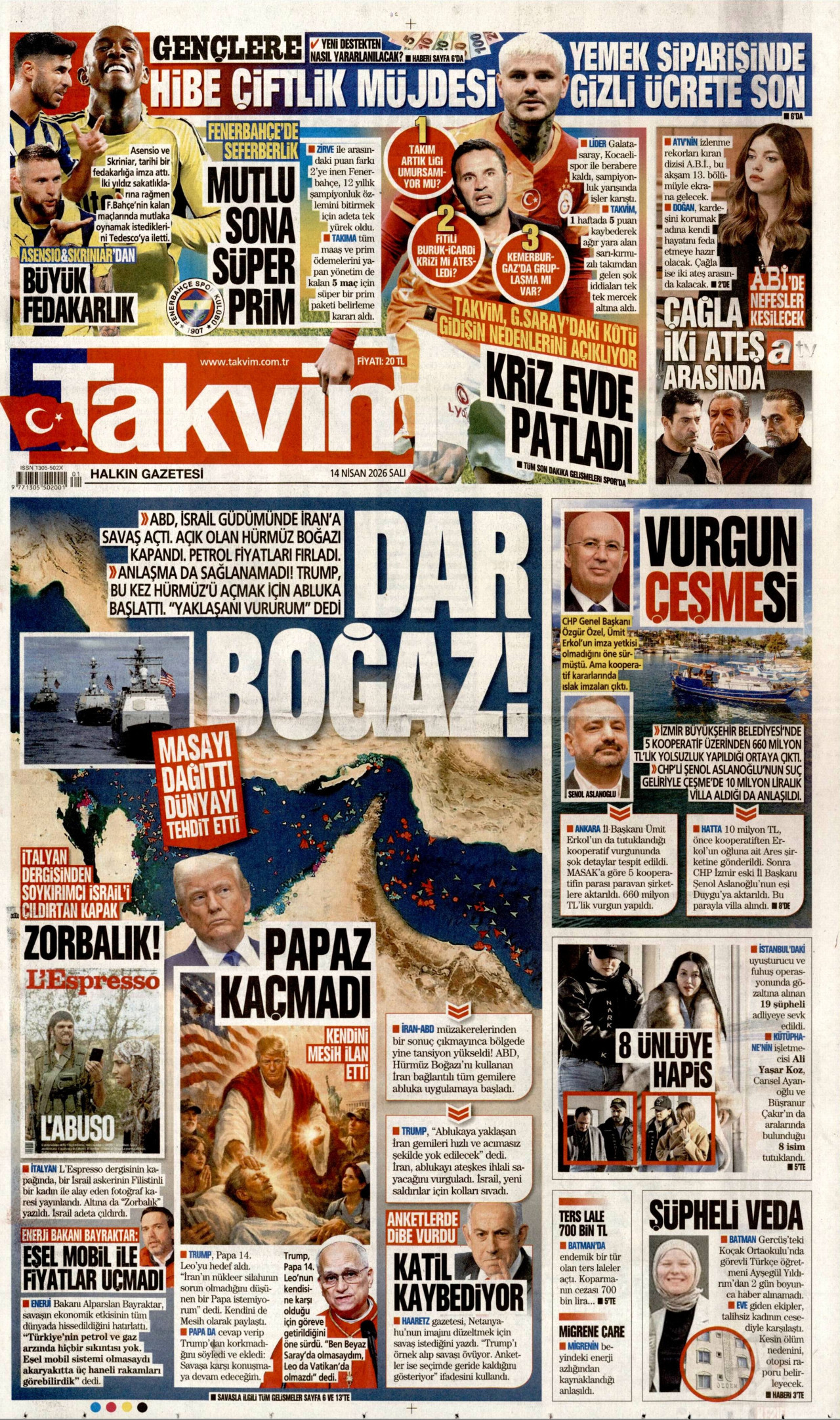 TAKVİM gazetesinin 14 Nisan 2026 tarihli birinci sayfası