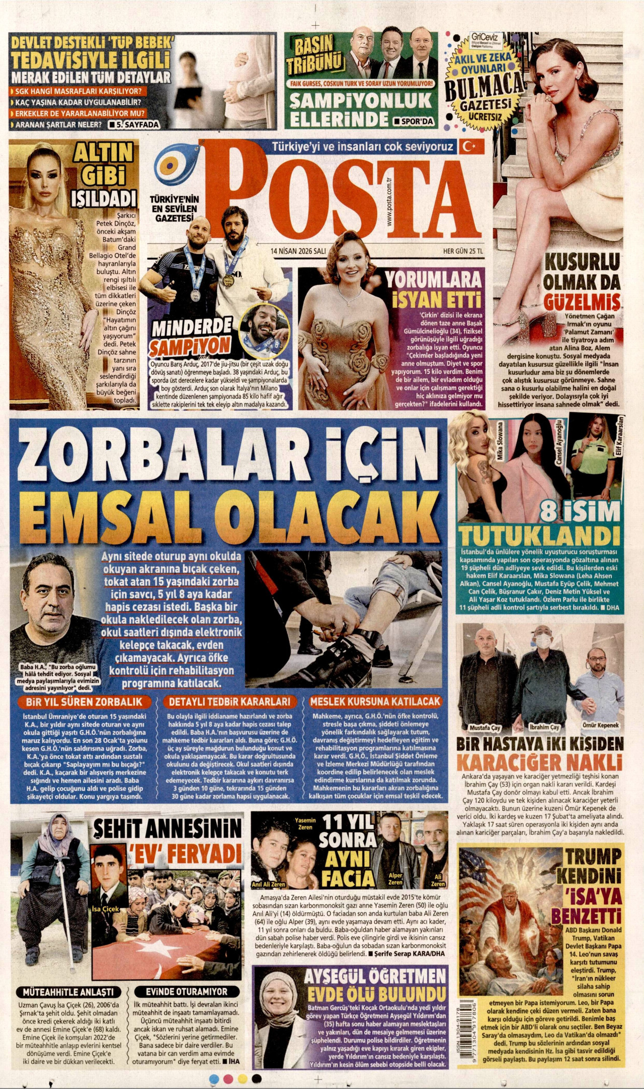 POSTA gazetesinin 14 Nisan 2026 tarihli birinci sayfası