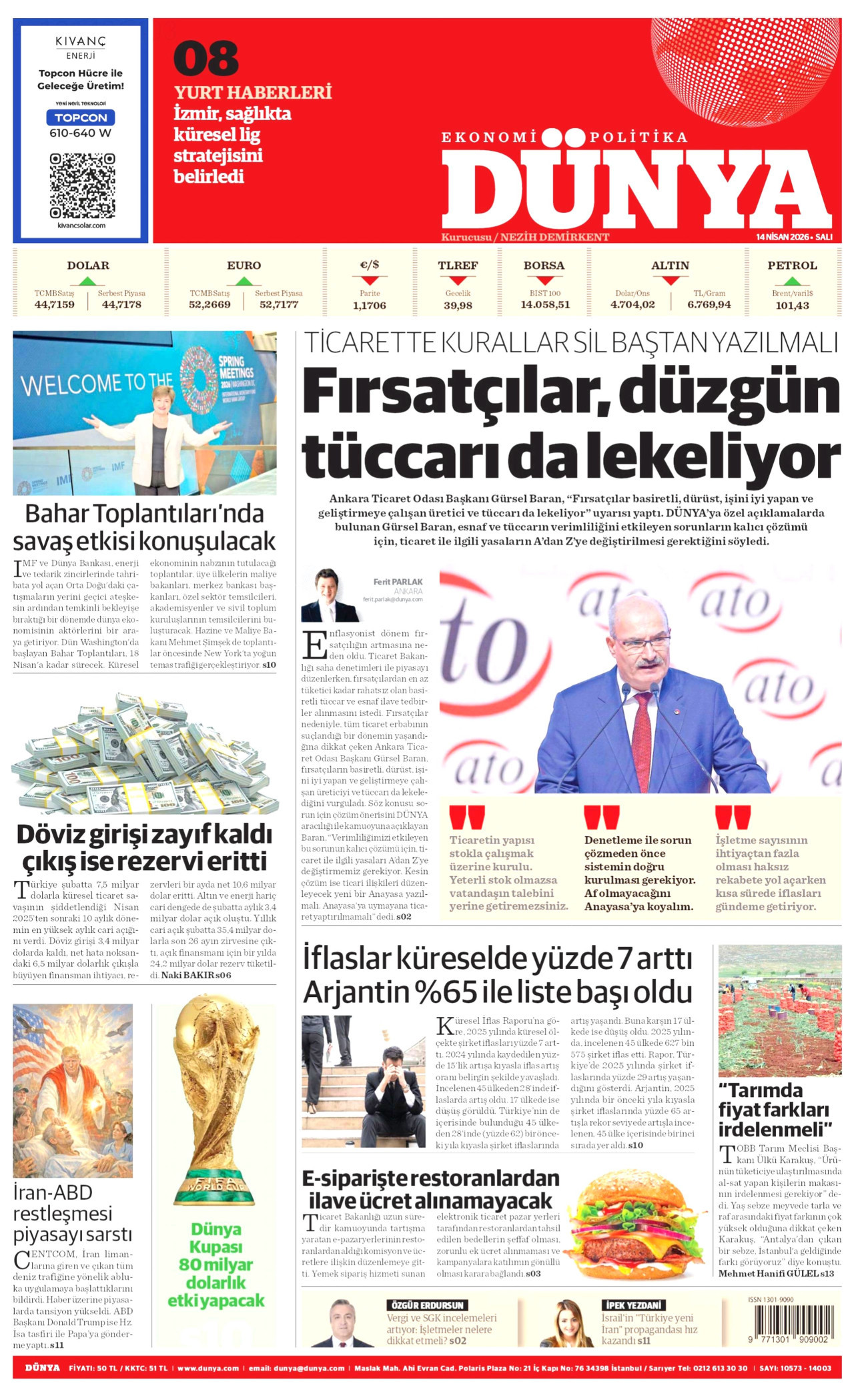 DÜNYA gazetesinin 14 Nisan 2026 tarihli birinci sayfası