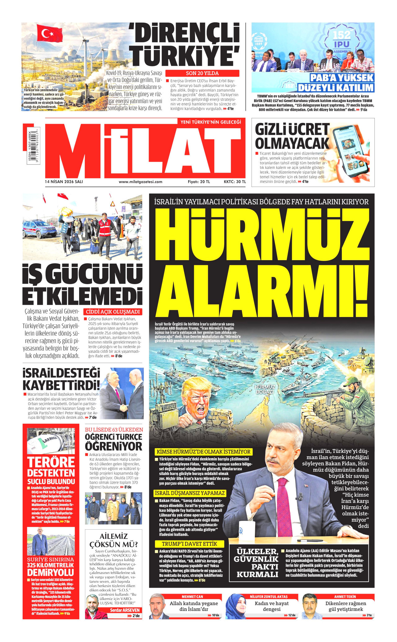 MİLAT gazetesinin 14 Nisan 2026 tarihli birinci sayfası