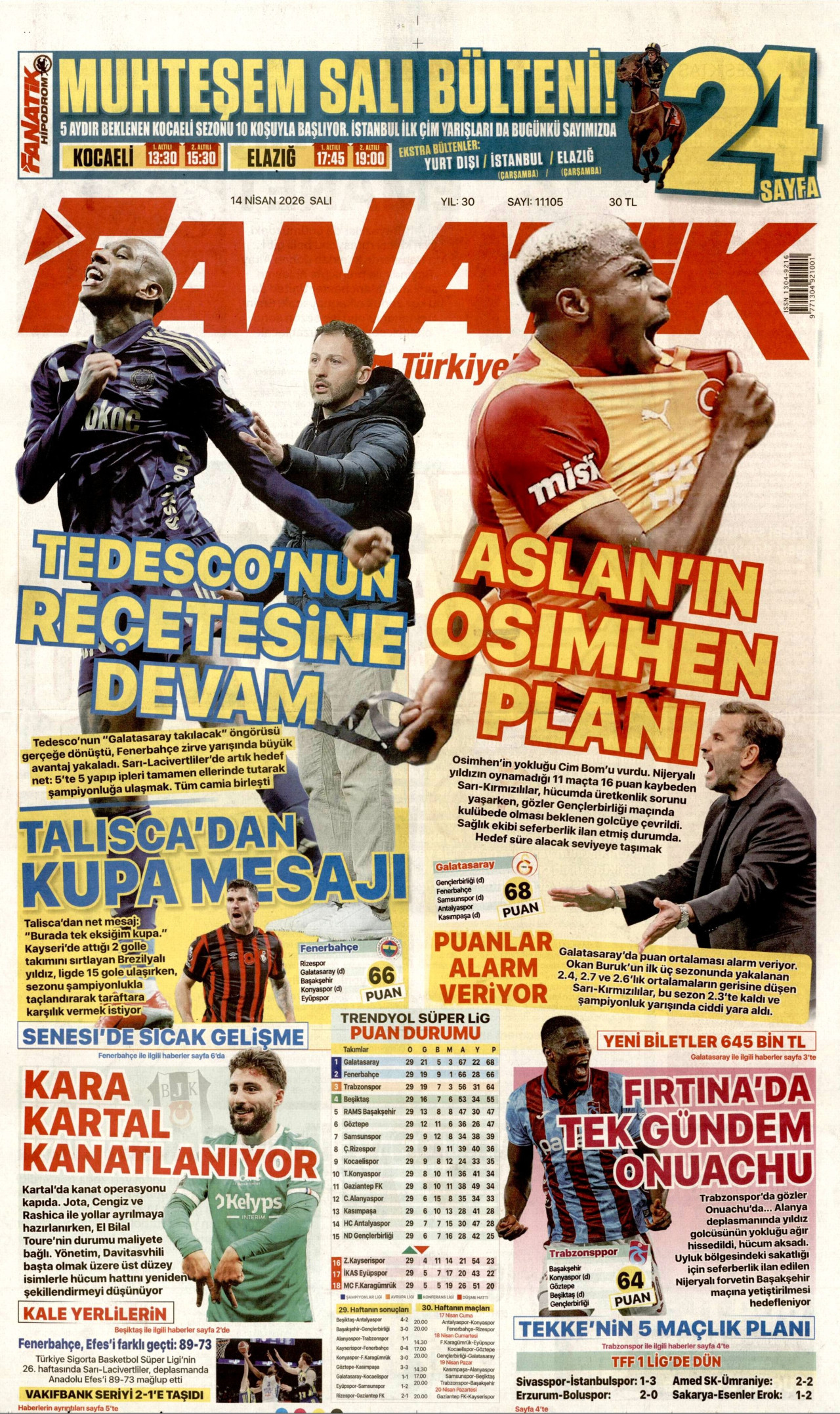FANATİK gazetesinin 14 Nisan 2026 tarihli birinci sayfası