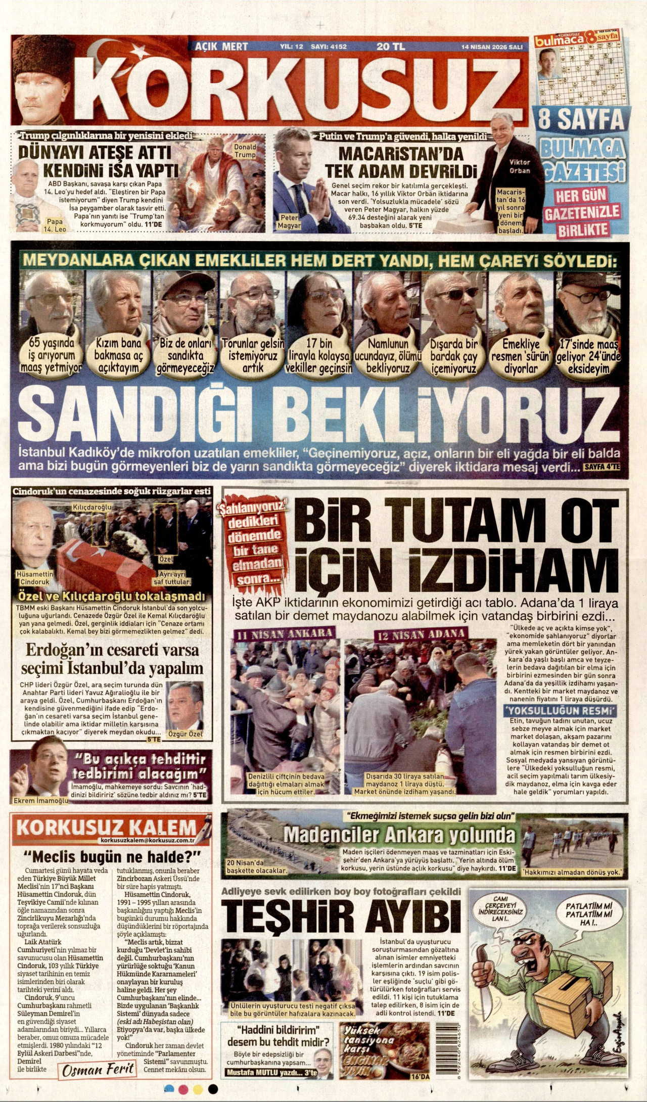 KORKUSUZ gazetesinin 14 Nisan 2026 tarihli birinci sayfası