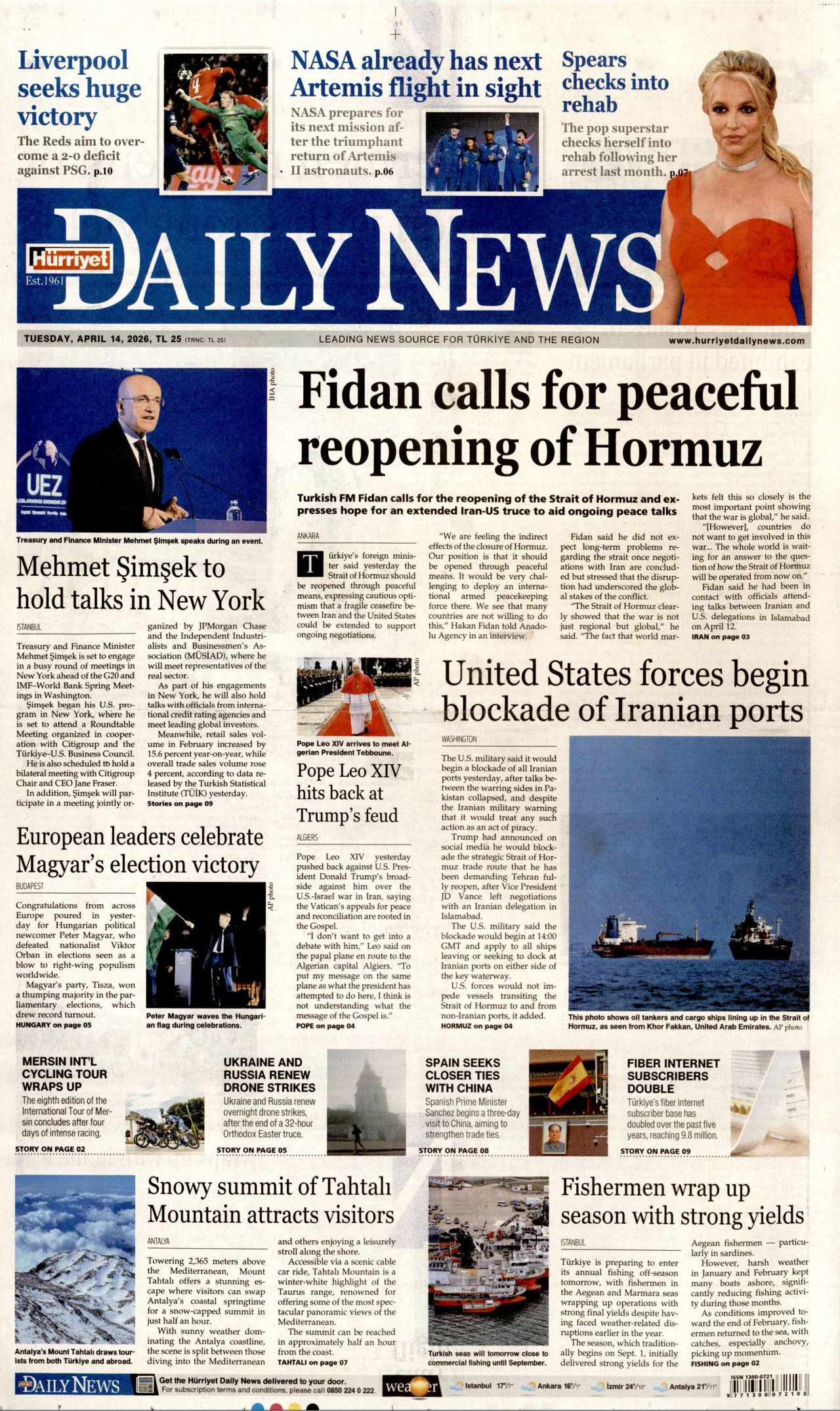 HÜRRİYET DAİLY NEWS gazetesinin 14 Nisan 2026 tarihli birinci sayfası