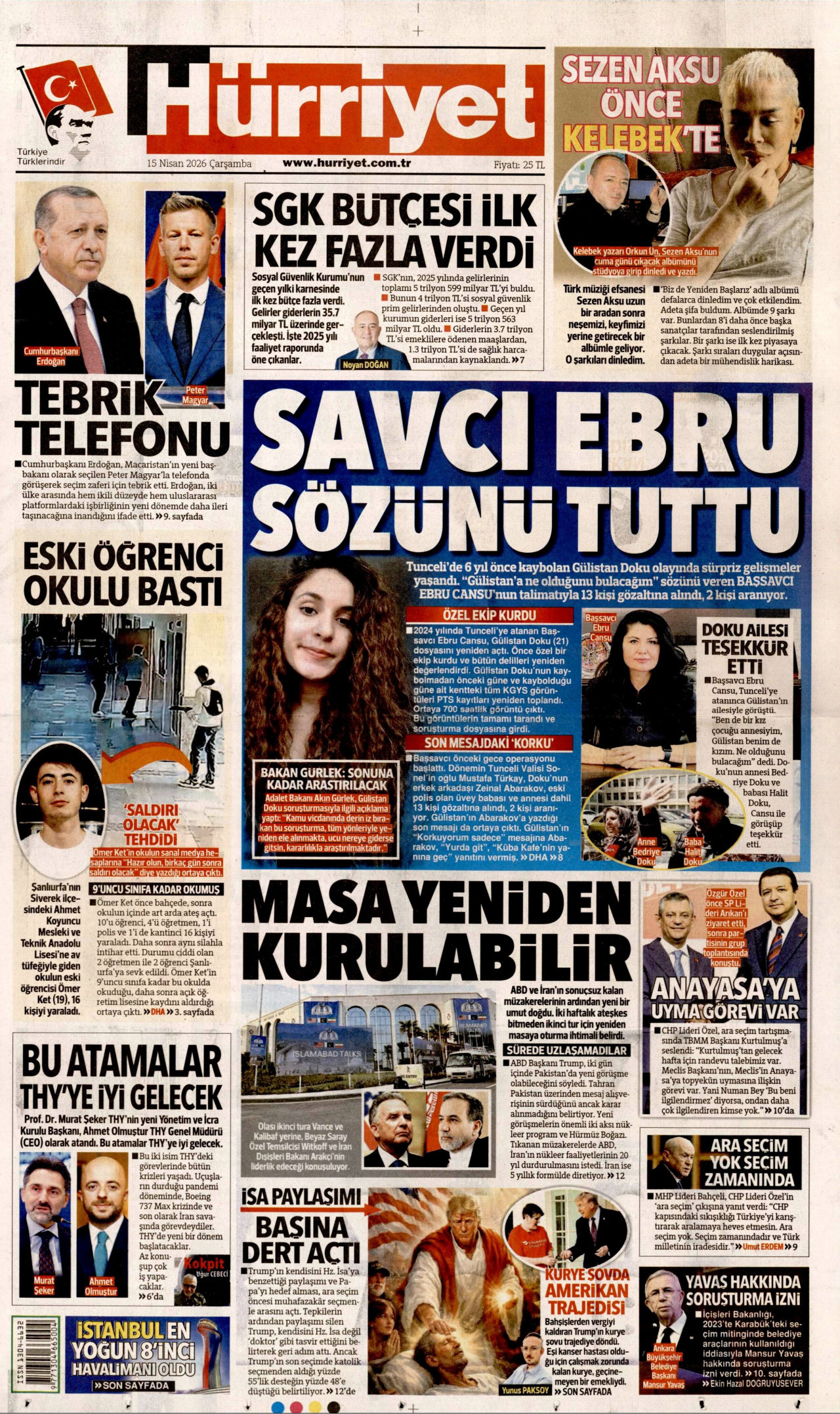 HÜRRİYET gazetesinin 15 Nisan 2026 tarihli birinci sayfası
