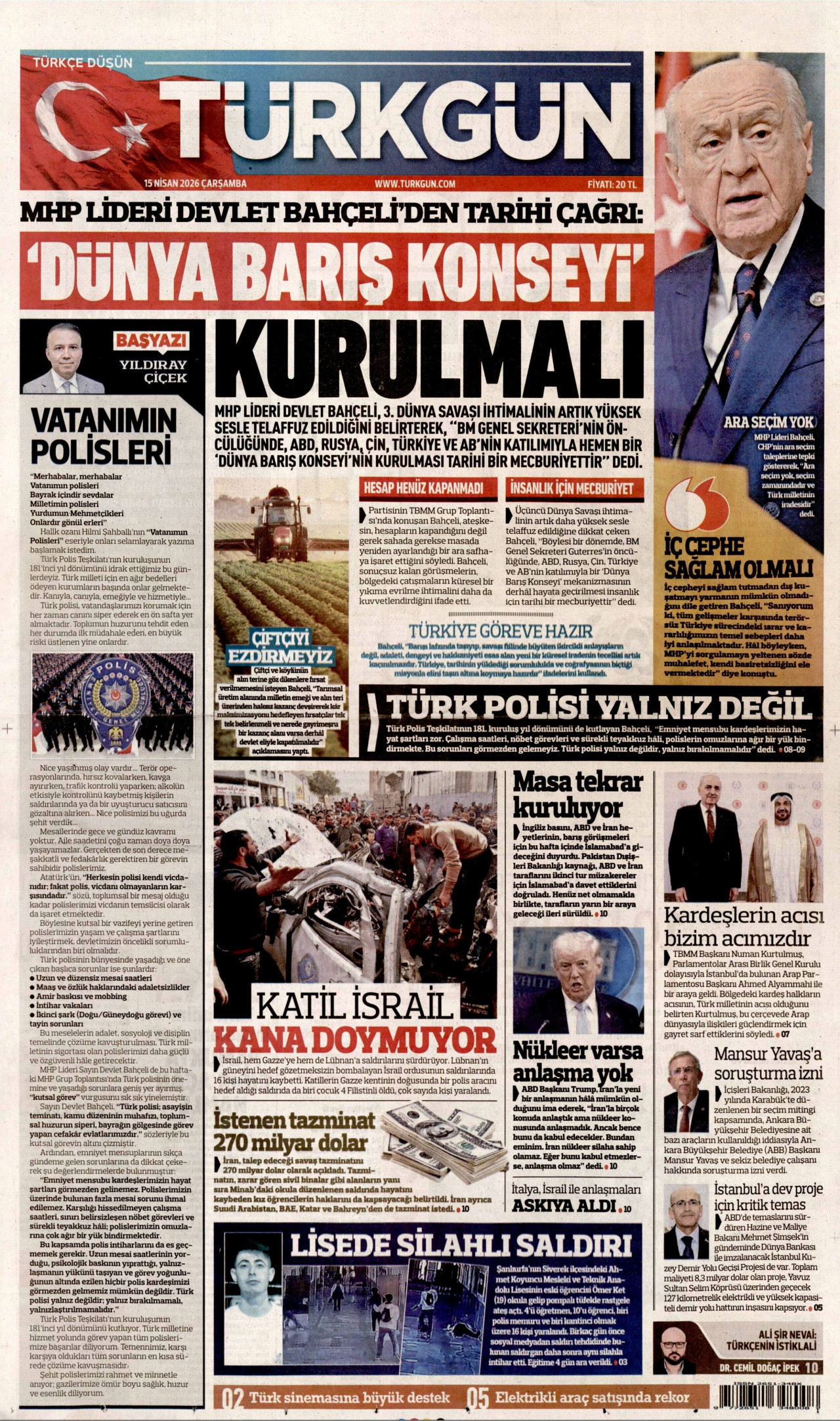 TÜRKGÜN gazetesinin 15 Nisan 2026 tarihli birinci sayfası