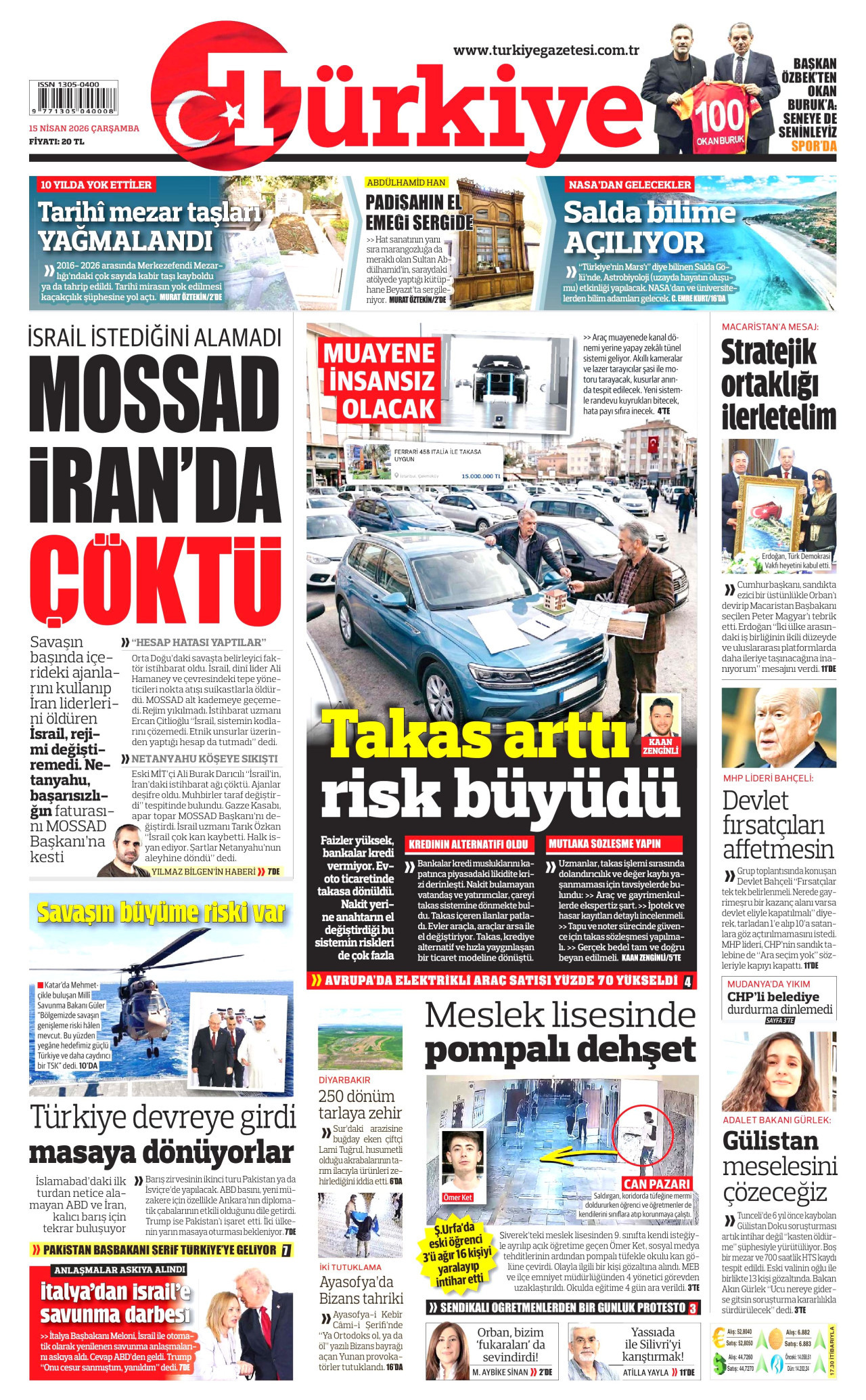 TÜRKİYE GAZETESİ gazetesinin 15 Nisan 2026 tarihli birinci sayfası