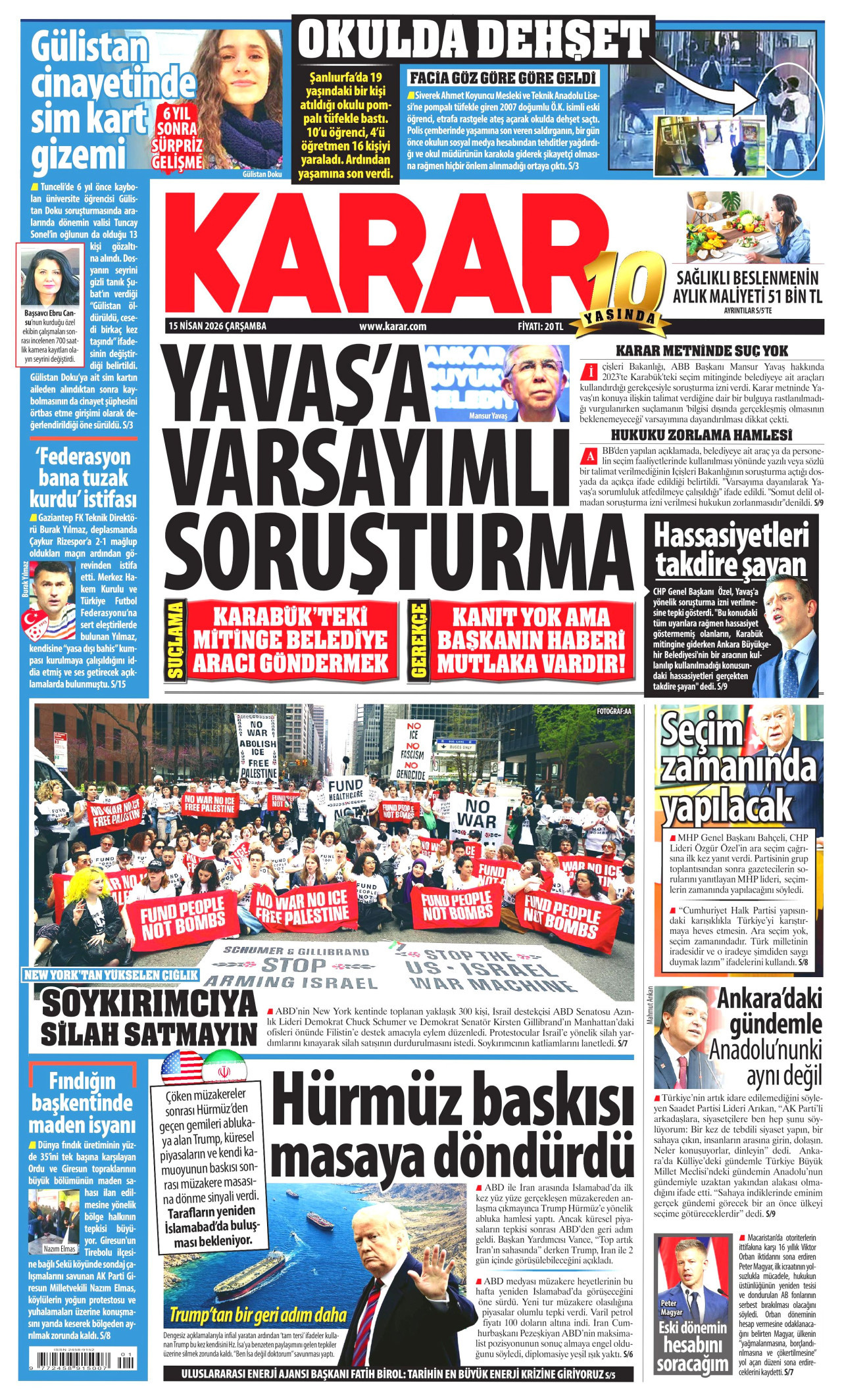 KARAR gazetesinin 15 Nisan 2026 tarihli birinci sayfası