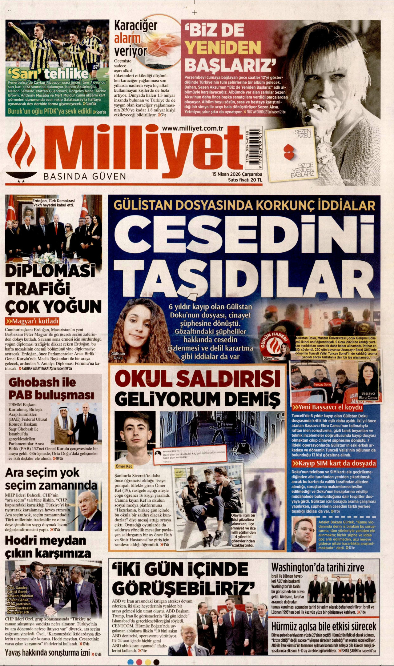 MİLLİYET gazetesinin 15 Nisan 2026 tarihli birinci sayfası